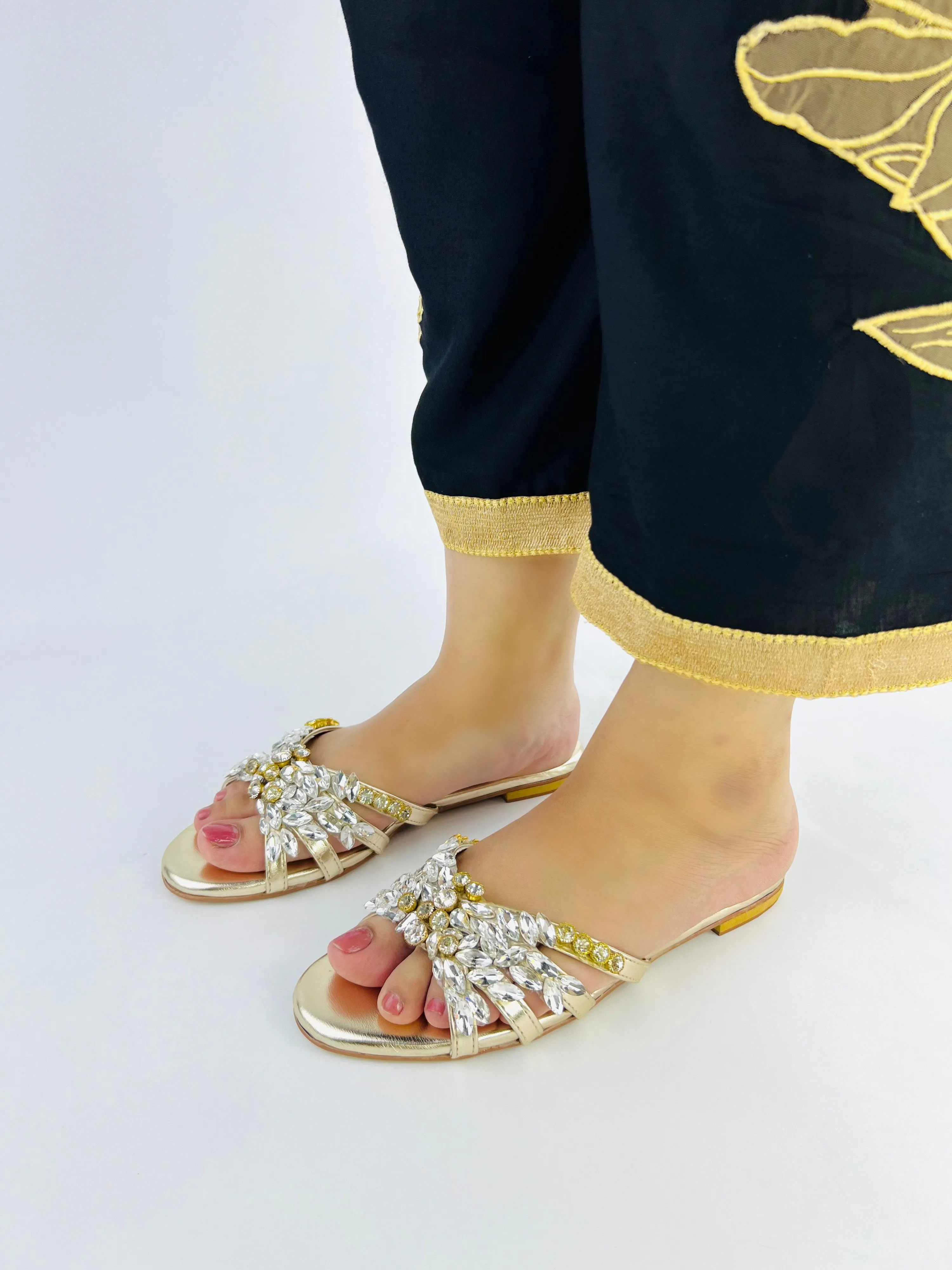 Spunkz Crystal Stones Embellished Golden Flat Sandals-11020