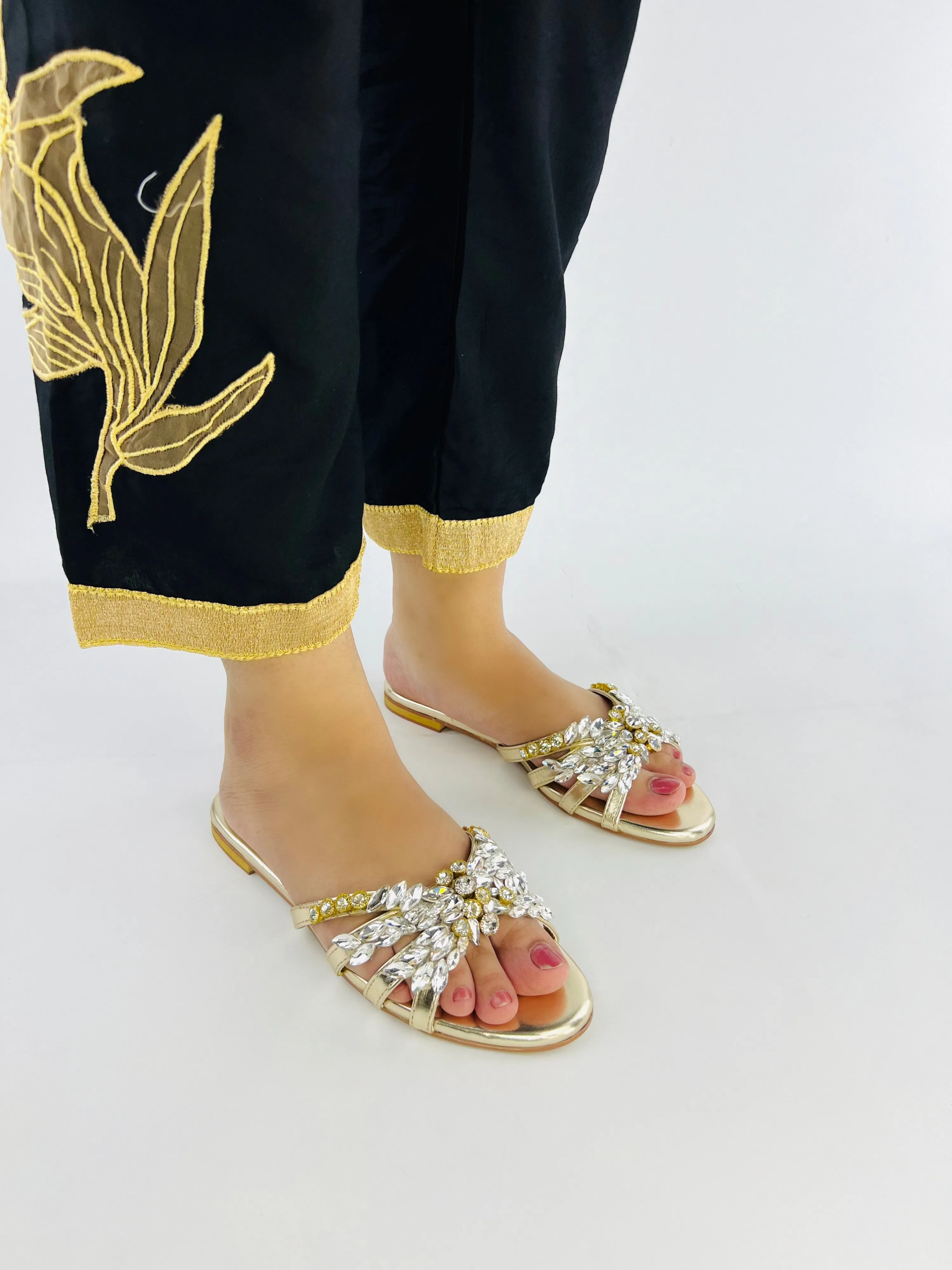 Spunkz Crystal Stones Embellished Golden Flat Sandals-11020