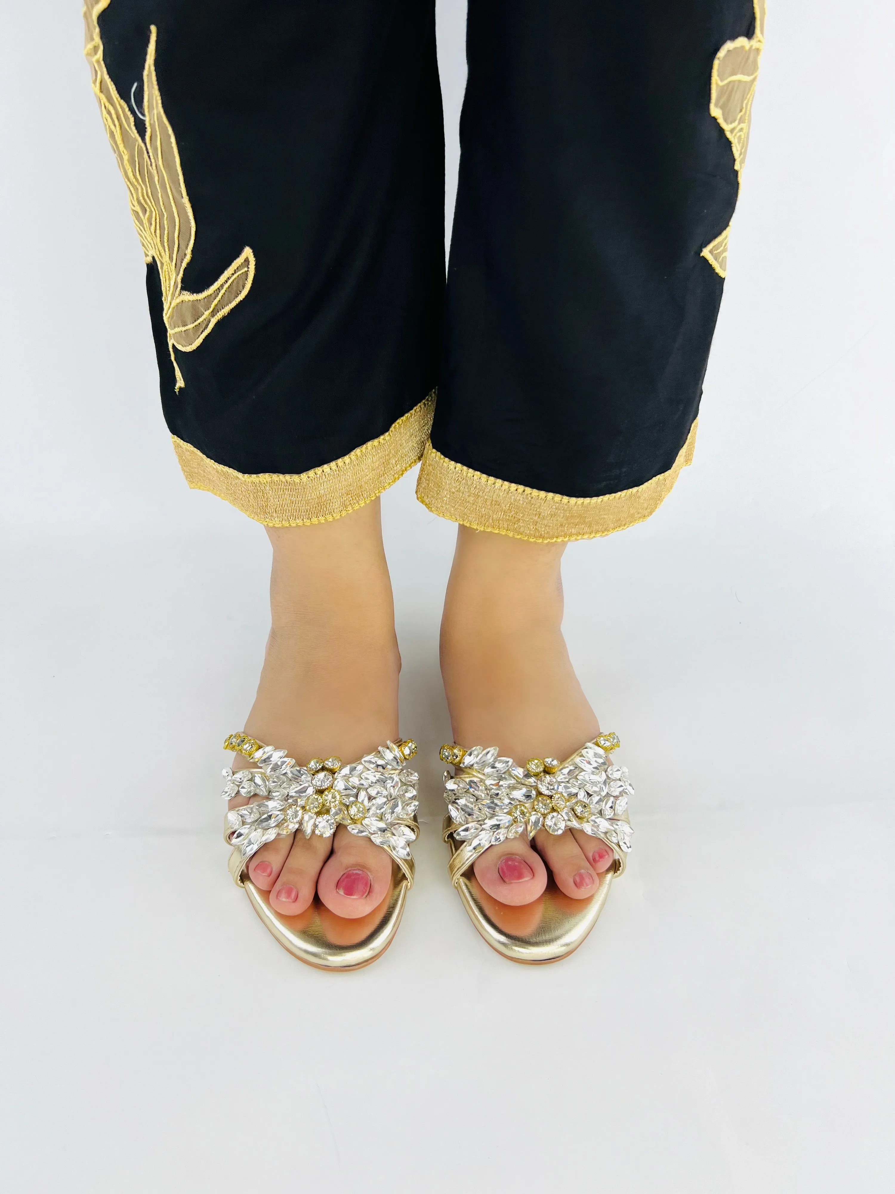 Spunkz Crystal Stones Embellished Golden Flat Sandals-11020