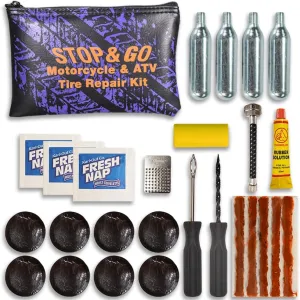Stop & Go 1066 27 Piece Tubeless & Tube-Type Tire Repair Kit with Patches, Rope Plugs, & CO2 for Punctures and Flats on ATV & Motorcycle (8 Patches & 5 Plugs)
