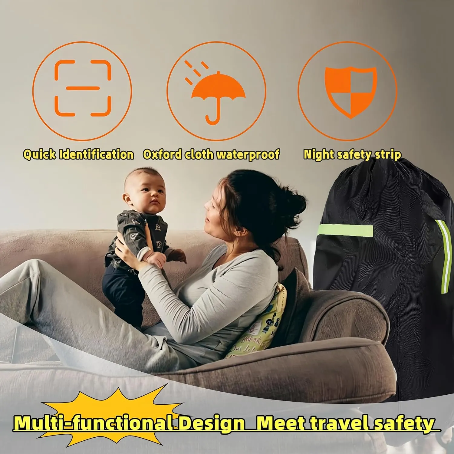 Stroller Travel Bag for Airplane Gate Check with Reflective Safety Strips 46''*21''*13'' Waterproof Tear-Resistant Oxford, Adjustable Padded Straps & Dual Drawstring Closure Fits Most Strollers, Black