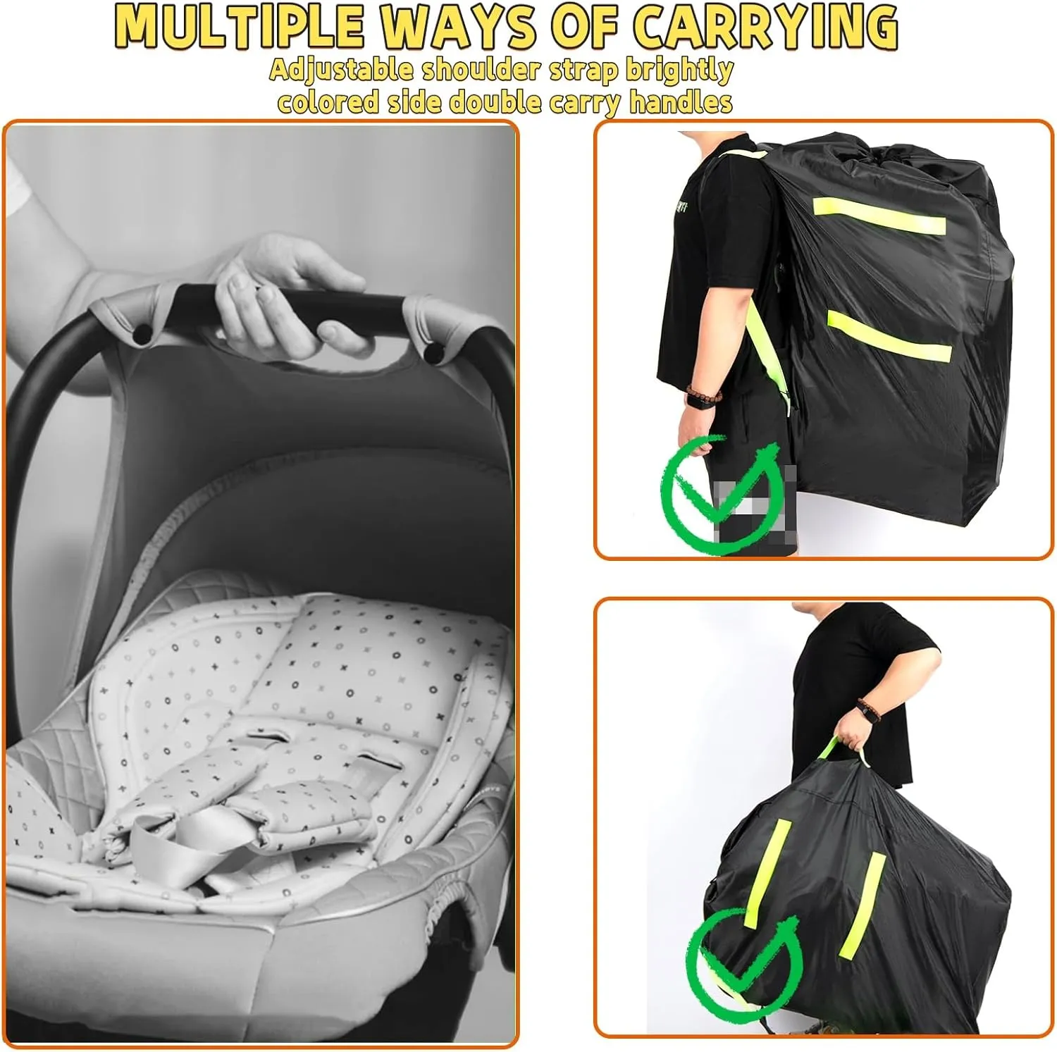 Stroller Travel Bag for Airplane Gate Check with Reflective Safety Strips 46''*21''*13'' Waterproof Tear-Resistant Oxford, Adjustable Padded Straps & Dual Drawstring Closure Fits Most Strollers, Black