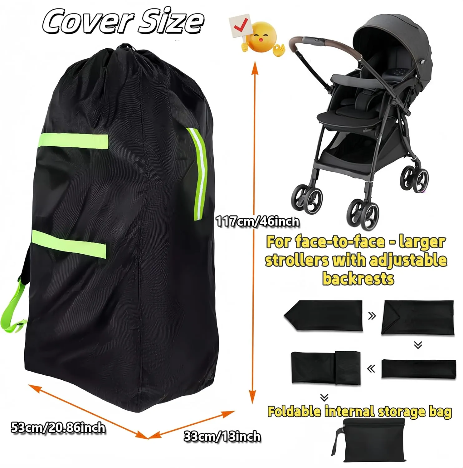 Stroller Travel Bag for Airplane Gate Check with Reflective Safety Strips 46''*21''*13'' Waterproof Tear-Resistant Oxford, Adjustable Padded Straps & Dual Drawstring Closure Fits Most Strollers, Black