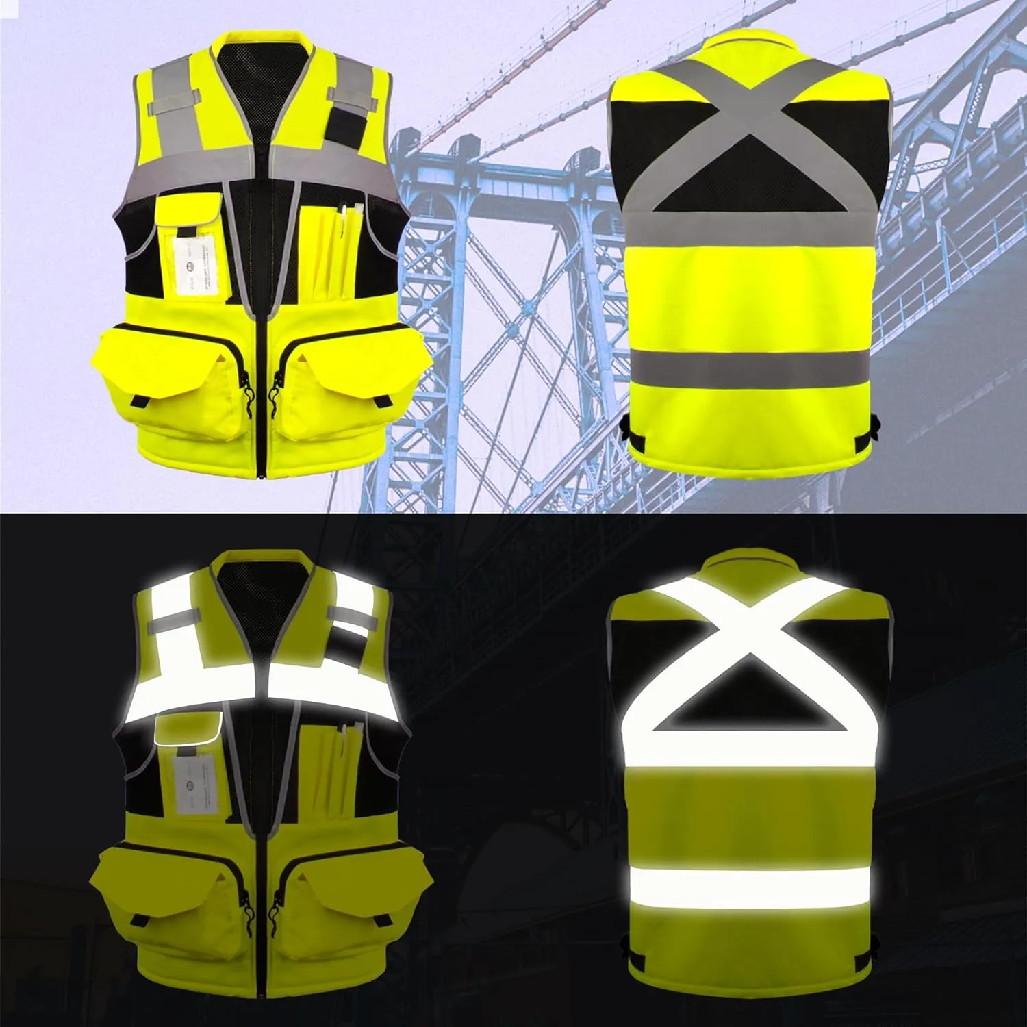 Surveyor Safety Vest for Men with 16 Pockets-Hi Vis Reflective Vest with Padded Neck Fishing Tactical Vest