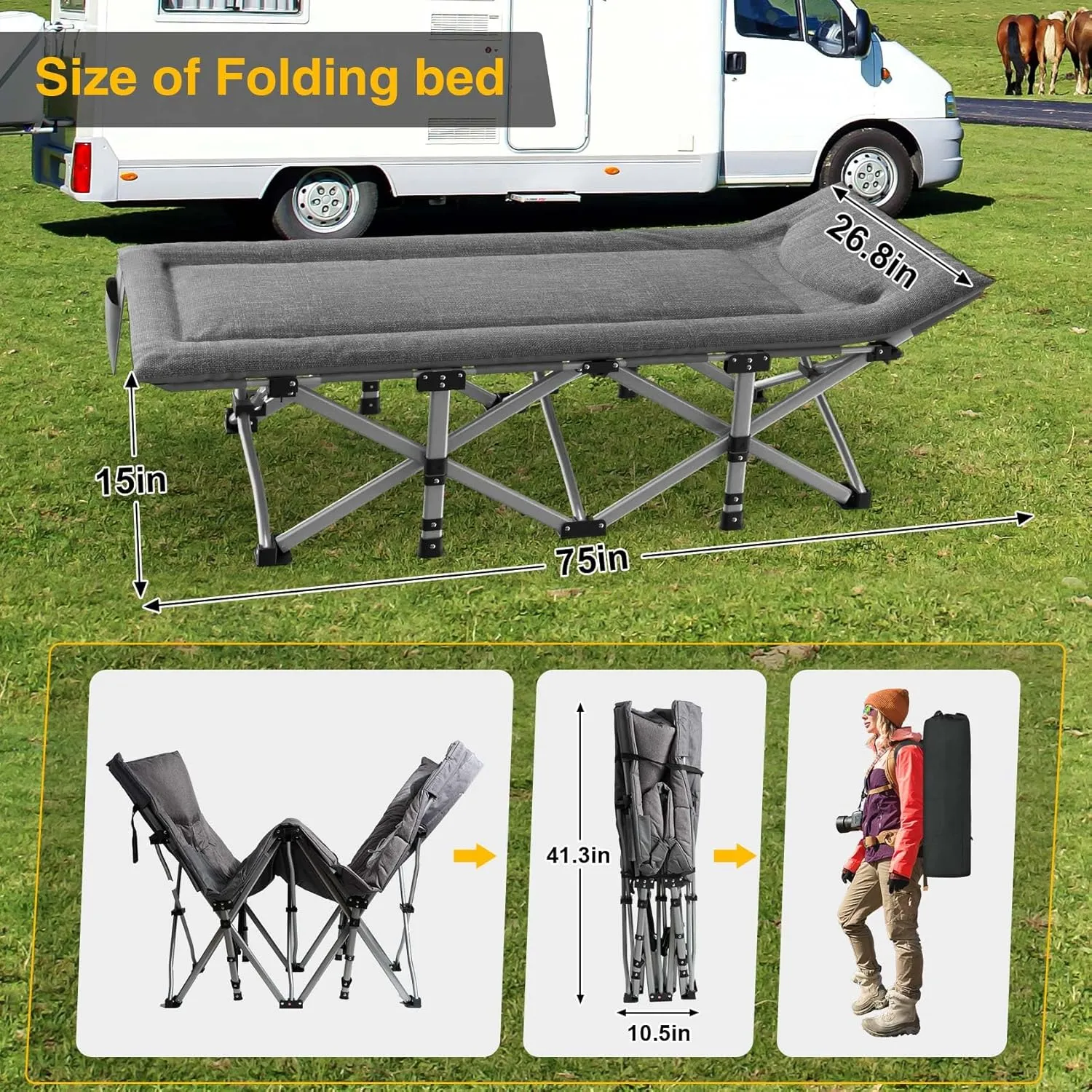 Suteck Camping Cot, Sleeping Cot Bed for Adults Portable Folding Outdoor Cots for Camping W/Build-in Soft Cotton Pad and Carry Bag for Home Office Nap Beach Travel, 500LBS