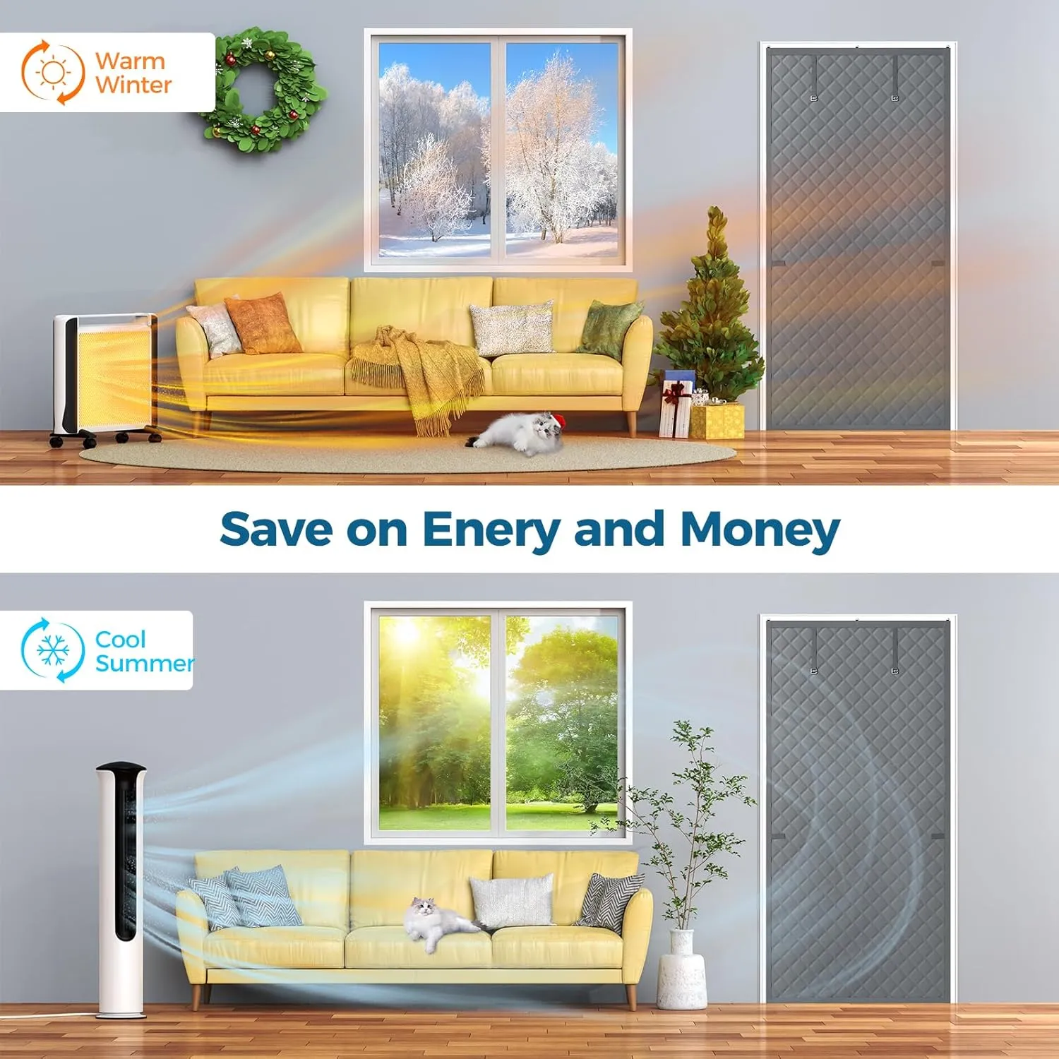 Thermal Insulated Door Curtain Fits Door Size 38 x 83 Inch, Oxford Cloth Thicken Cotton Filled, Curtain Size 41" x 85", Single Piece Door Insulation Blanket Cover for Cold in Winter, Grey