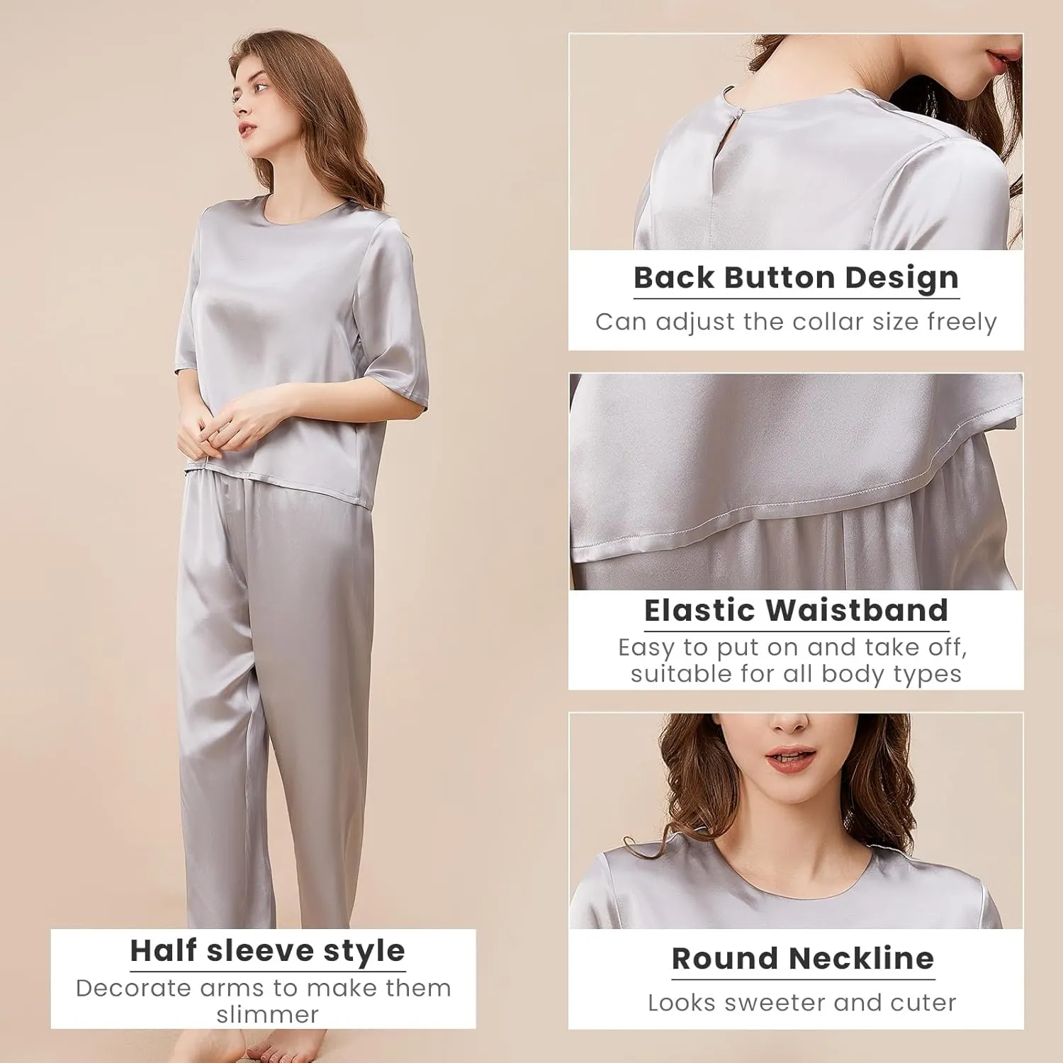 THXSILK 6A Pure Mulberry Silk Pajamas for Women 2 Piece Short Sleeve PJS Round Neck Silk Sleepwear