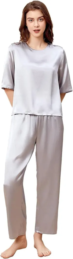 THXSILK 6A Pure Mulberry Silk Pajamas for Women 2 Piece Short Sleeve PJS Round Neck Silk Sleepwear