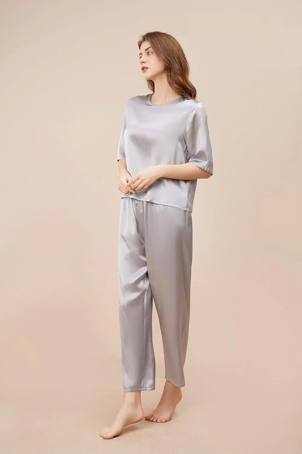 THXSILK 6A Pure Mulberry Silk Pajamas for Women 2 Piece Short Sleeve PJS Round Neck Silk Sleepwear