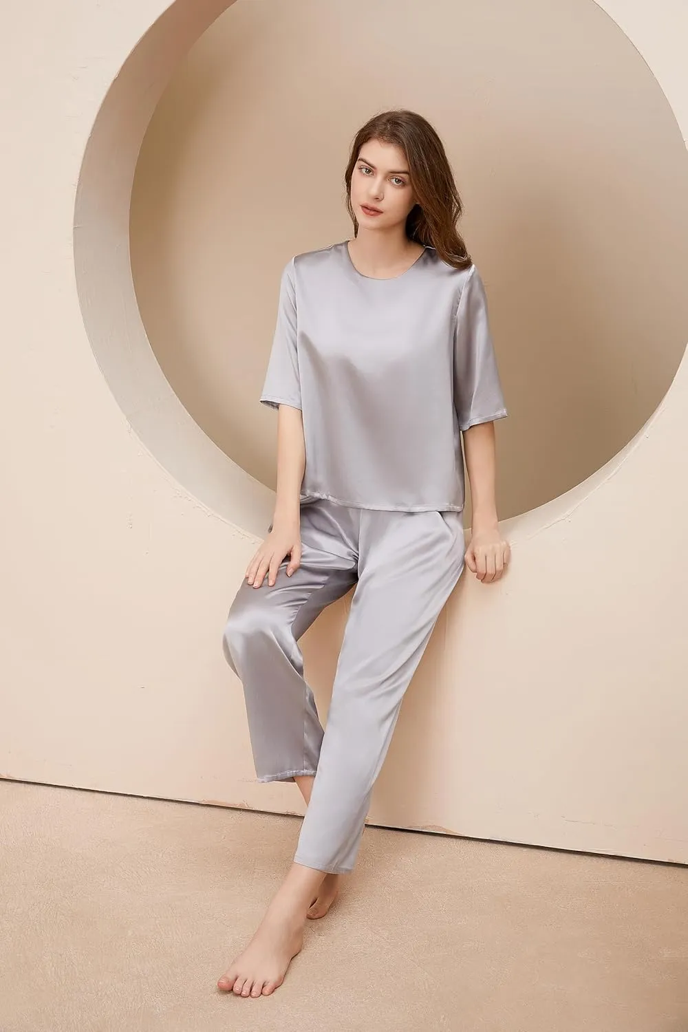 THXSILK 6A Pure Mulberry Silk Pajamas for Women 2 Piece Short Sleeve PJS Round Neck Silk Sleepwear