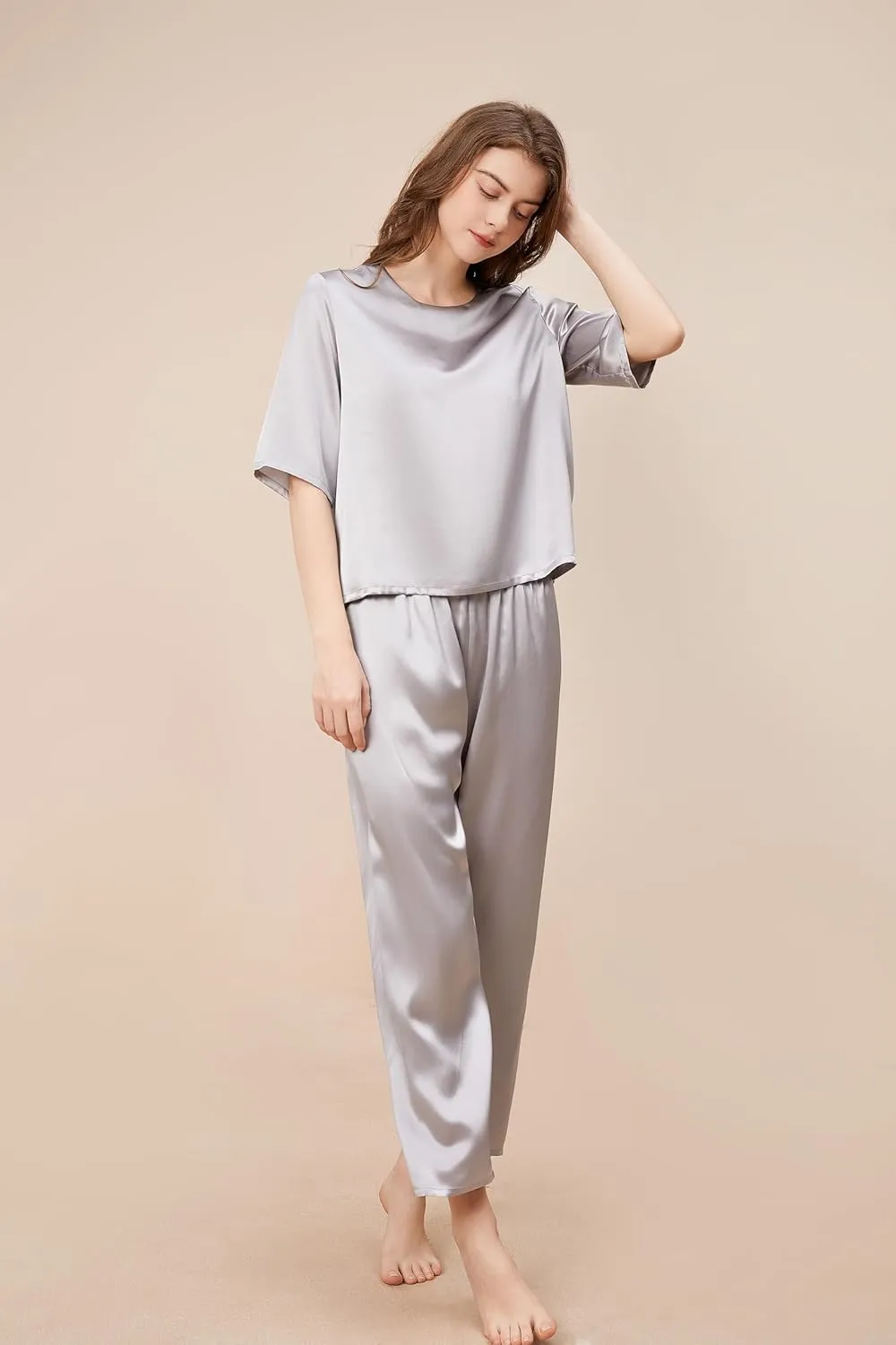 THXSILK 6A Pure Mulberry Silk Pajamas for Women 2 Piece Short Sleeve PJS Round Neck Silk Sleepwear
