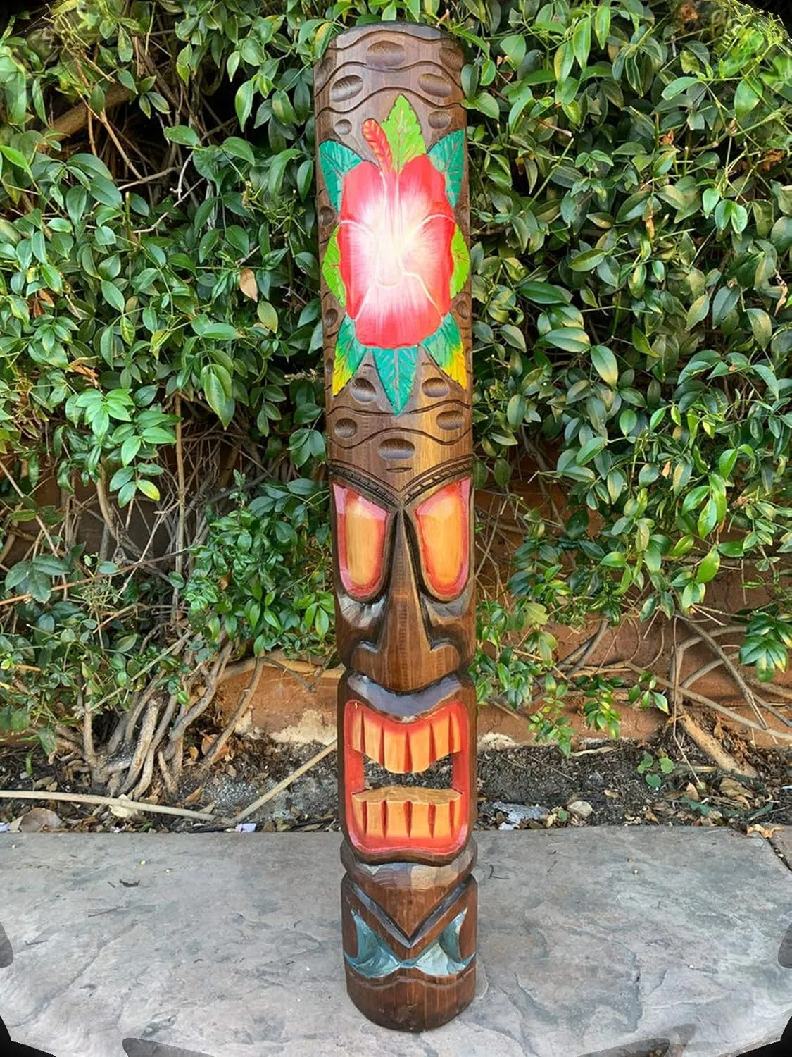 Tiki Totem Masks with Habiscus Hand Carved Tropical Bar Patio Decor 39"x 6"in Quality Supplies for Your Perfect Design by CharmingSS