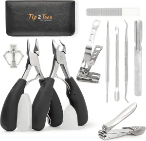 TIP2TOES 10 Pcs Ingrown Toenail Clippers for Seniors Thick Toenails- Heavy Duty Podiatrist Toe Nail Cutter for Men, Professional, and Adults- Easy Grip Handle Stainless Steel Sharp Curved Grooming Kit