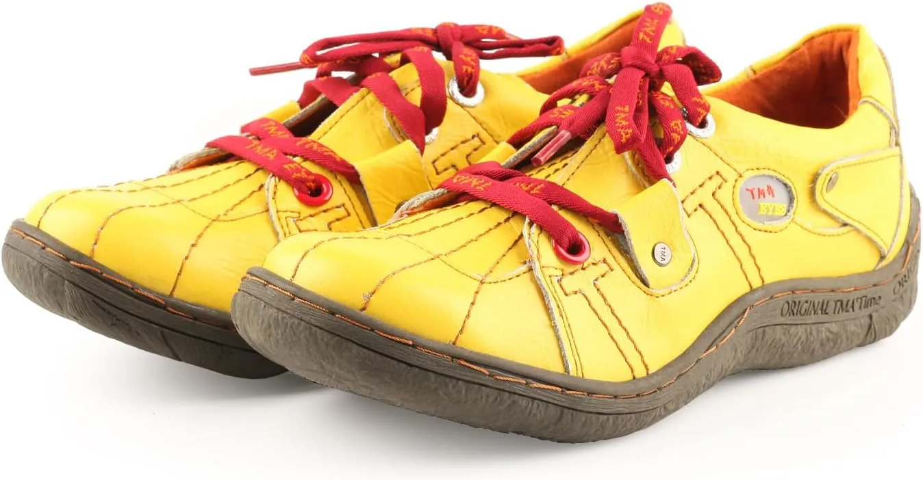 TMA EYES Ladies' Hand-Sewn Thread Genuine Leather Flat Wide-Toe Sports Casual Shoes