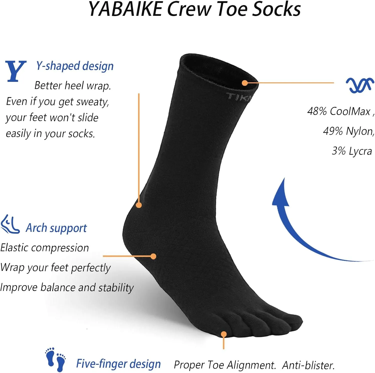 Toe Socks Liner Crew Socks for Men Women Cool-max Running Socks 3 Pairs Five Finger Socks