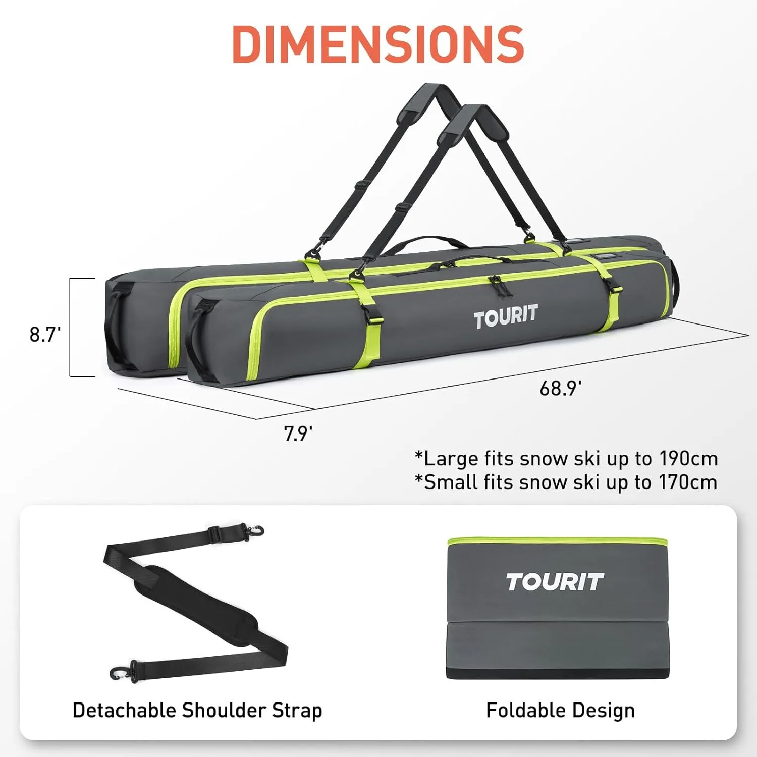 TOURIT Ski Bag for Air Travel - 360° Fully Padded Protection, 900D Oxford Water-Resistant, Independent Storage for Pole, Velcro Strap for Ski, Large Capacity Single Ski Carry Bag for Ski Gear