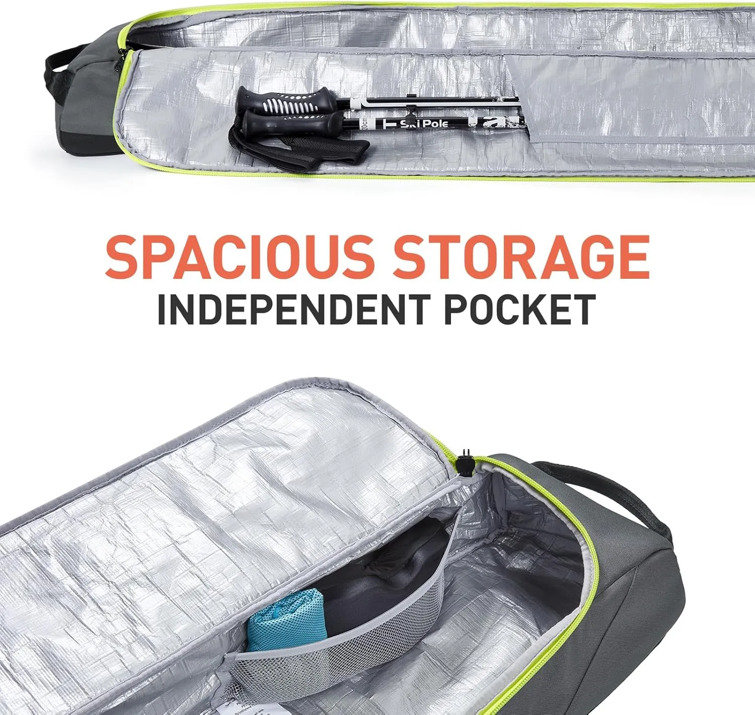 TOURIT Ski Bag for Air Travel - 360° Fully Padded Protection, 900D Oxford Water-Resistant, Independent Storage for Pole, Velcro Strap for Ski, Large Capacity Single Ski Carry Bag for Ski Gear