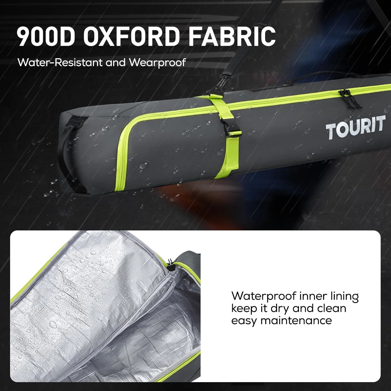 TOURIT Ski Bag for Air Travel - 360° Fully Padded Protection, 900D Oxford Water-Resistant, Independent Storage for Pole, Velcro Strap for Ski, Large Capacity Single Ski Carry Bag for Ski Gear