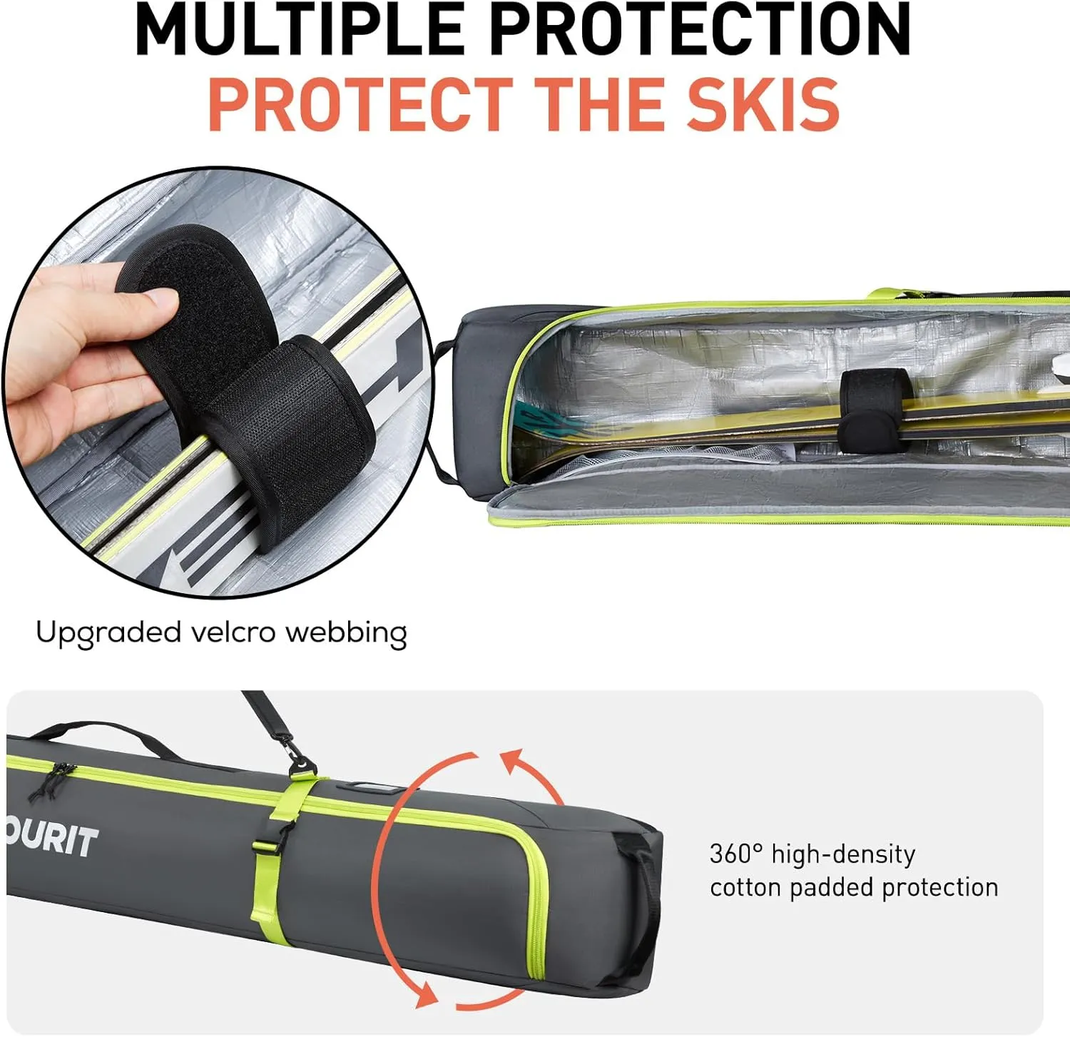 TOURIT Ski Bag for Air Travel - 360° Fully Padded Protection, 900D Oxford Water-Resistant, Independent Storage for Pole, Velcro Strap for Ski, Large Capacity Single Ski Carry Bag for Ski Gear