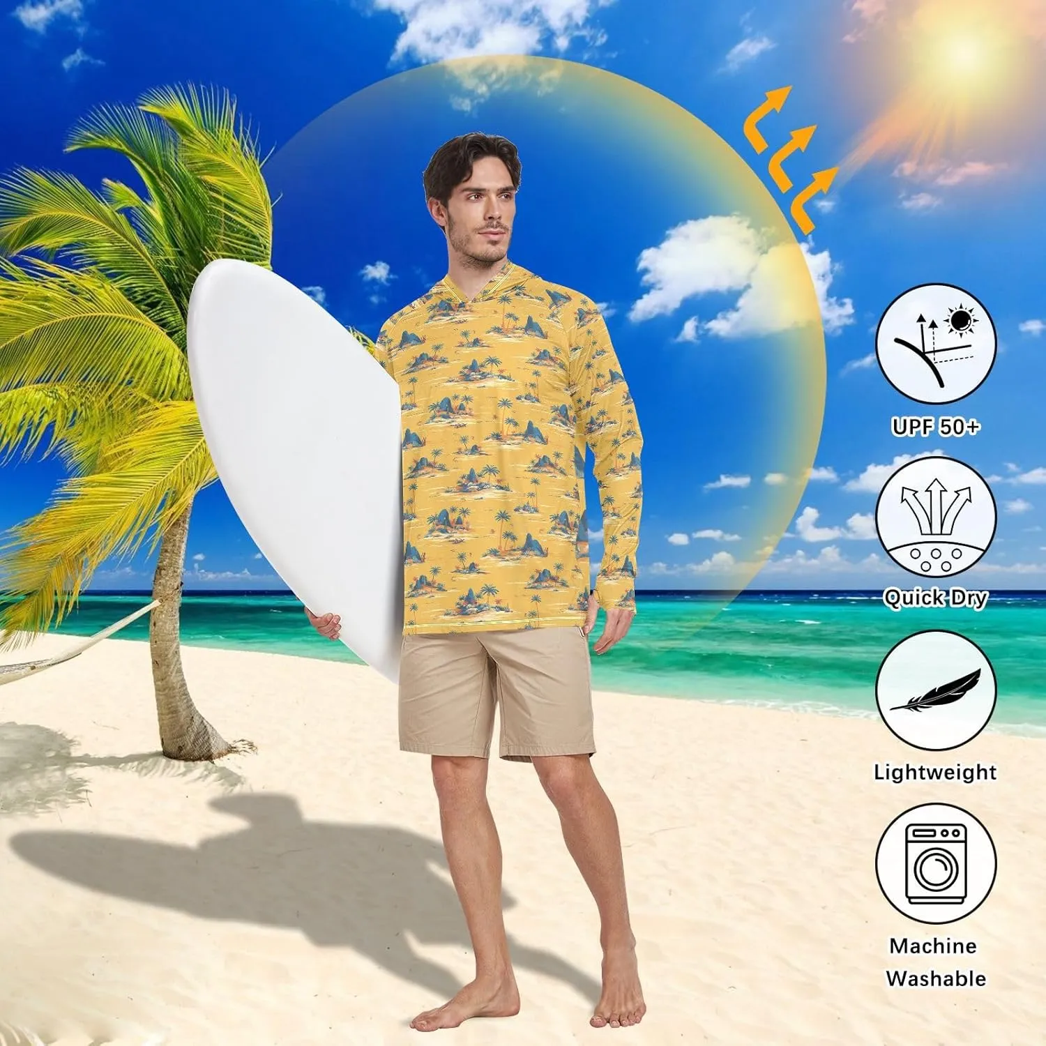 Tropical Island Men's Sun Protection Hoodie Long Sleeve Fishing Shirt UPF 50  Hooded Fishing Shirts Rash Guard Shirts for Men