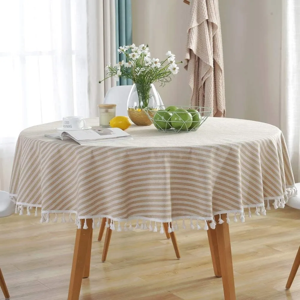 TruDelve Round Tablecloth 70 Inch Beige Striped Cloth Tablecloths Fall Tablecloths Outdoor Table Cloth Round Cover (Beige,70",Round)