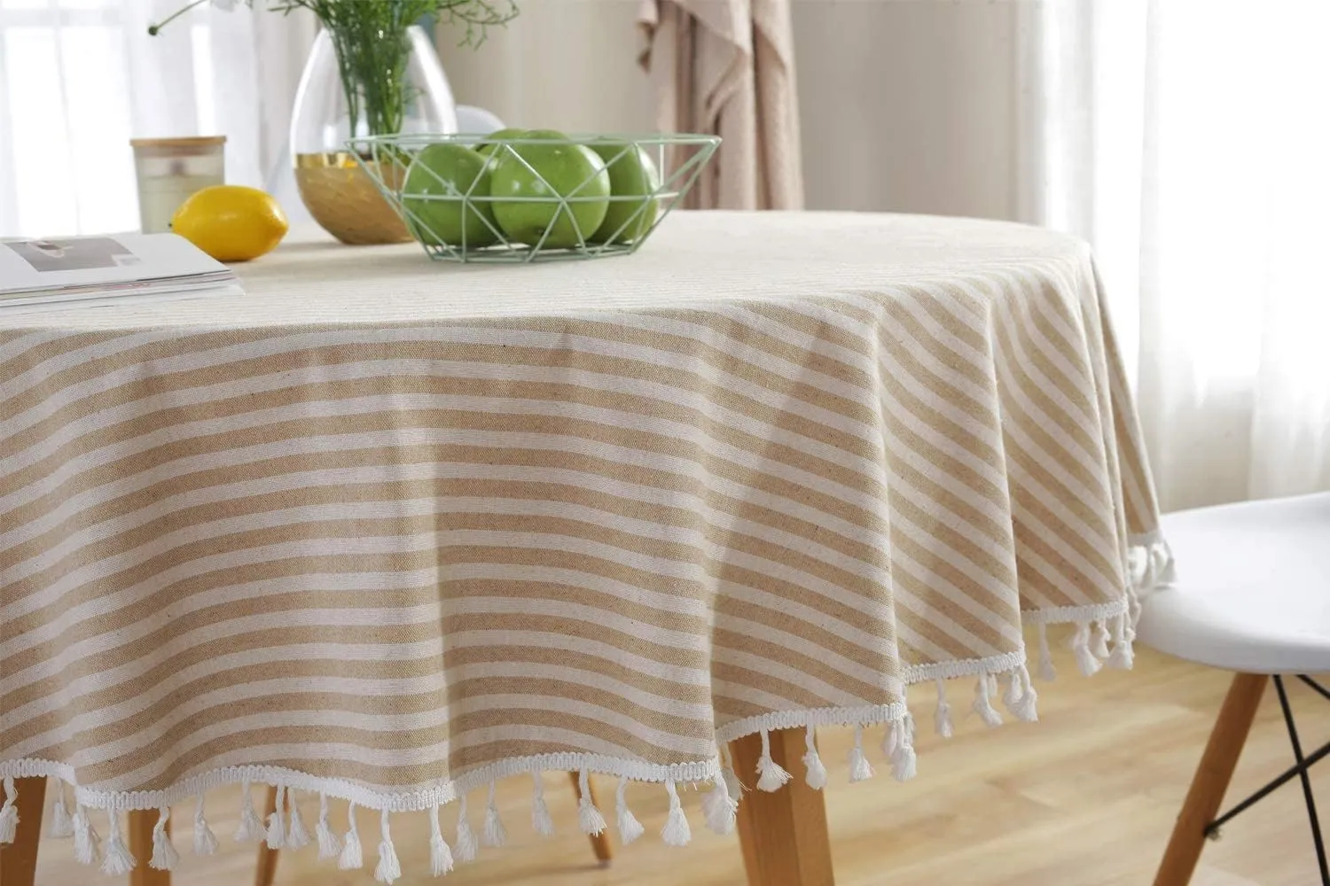TruDelve Round Tablecloth 70 Inch Beige Striped Cloth Tablecloths Fall Tablecloths Outdoor Table Cloth Round Cover (Beige,70",Round)