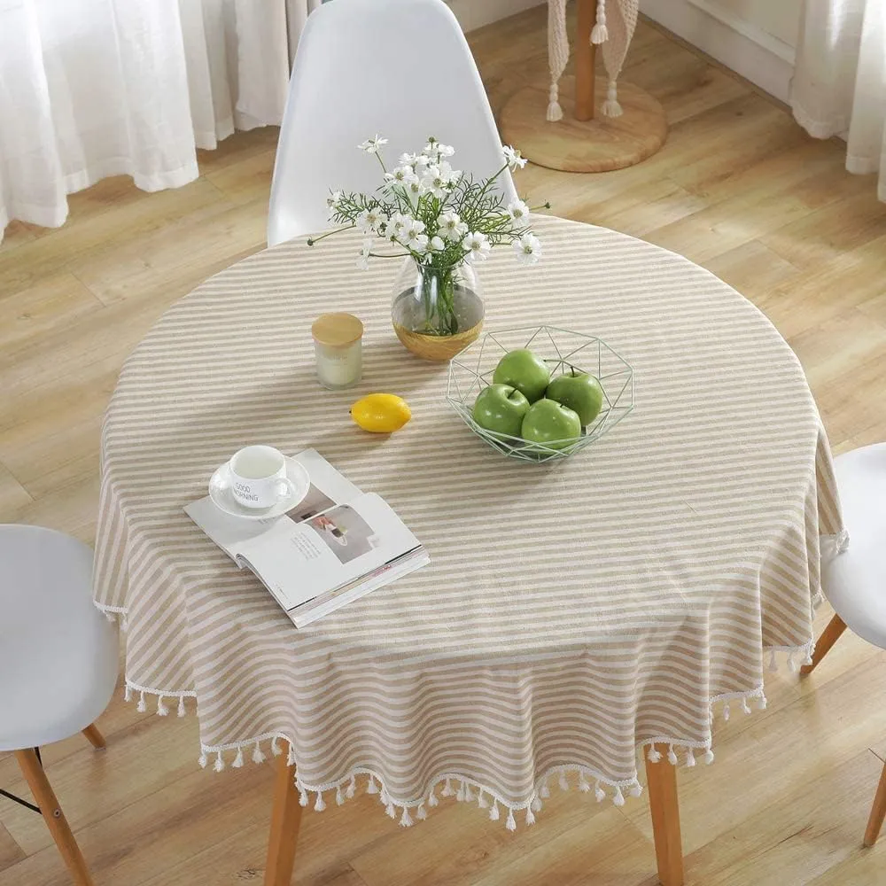 TruDelve Round Tablecloth 70 Inch Beige Striped Cloth Tablecloths Fall Tablecloths Outdoor Table Cloth Round Cover (Beige,70",Round)