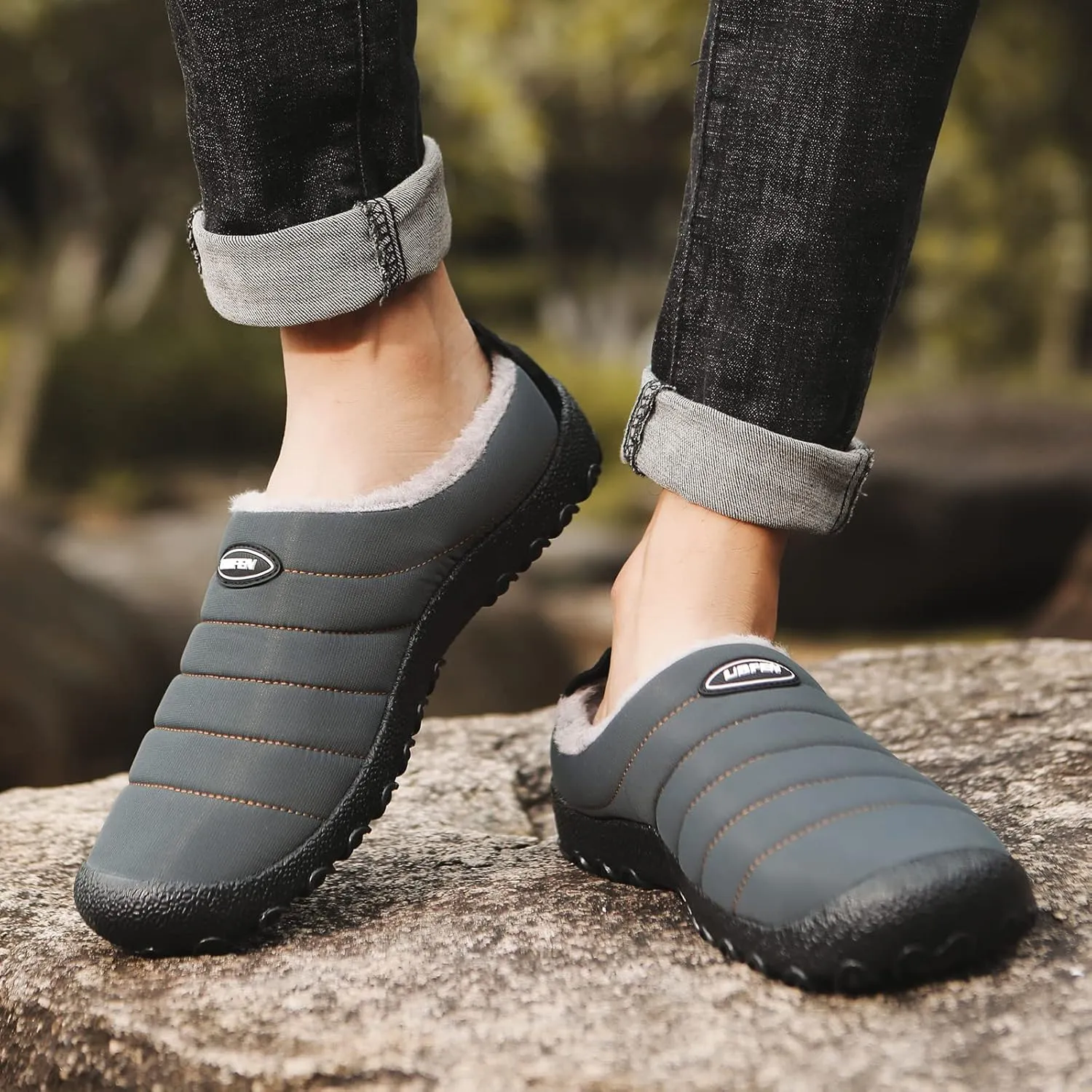 UBFEN Mens Womens Winter Warm Slippers with Fuzzy Plush Lining Slip on House Shoes Indoor Outdoor Anti-Skid Rubber Sole