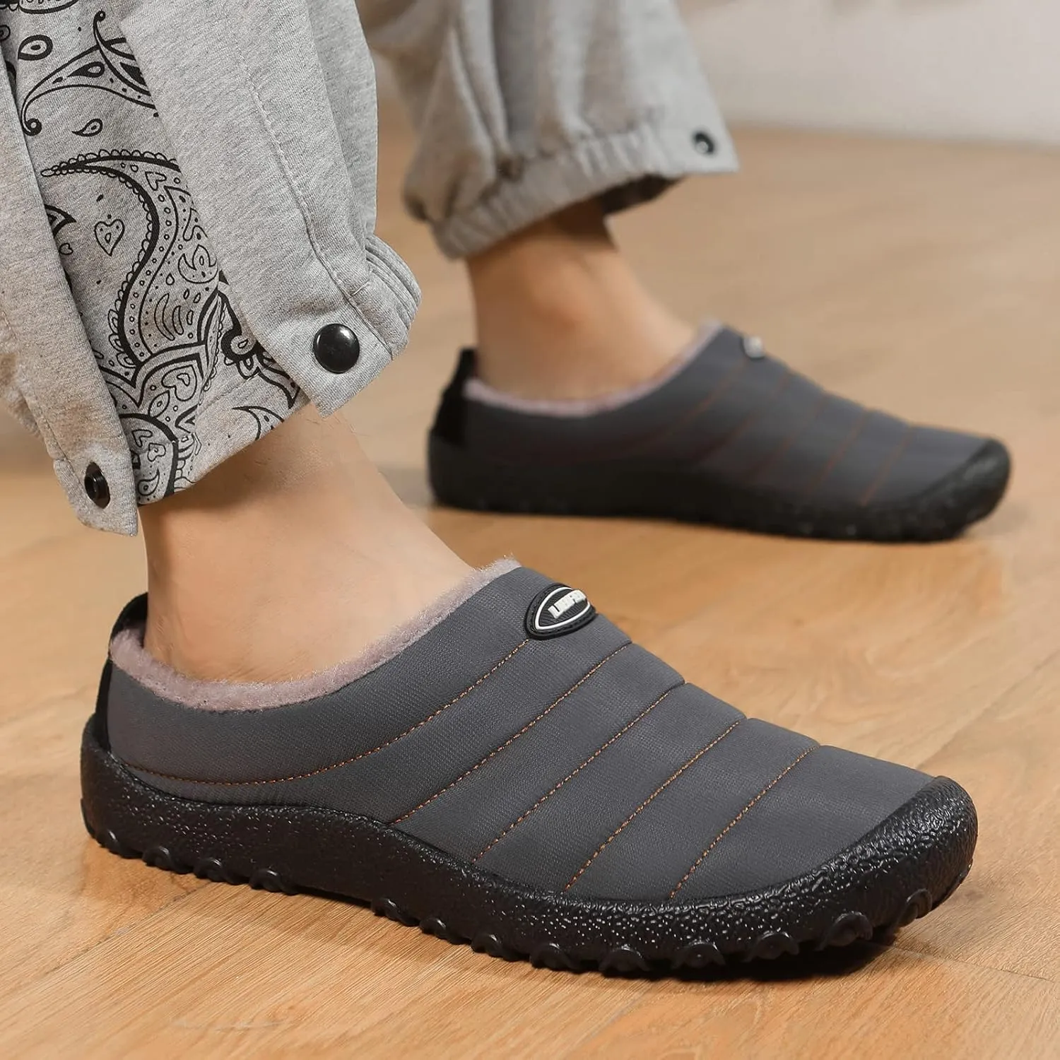 UBFEN Mens Womens Winter Warm Slippers with Fuzzy Plush Lining Slip on House Shoes Indoor Outdoor Anti-Skid Rubber Sole