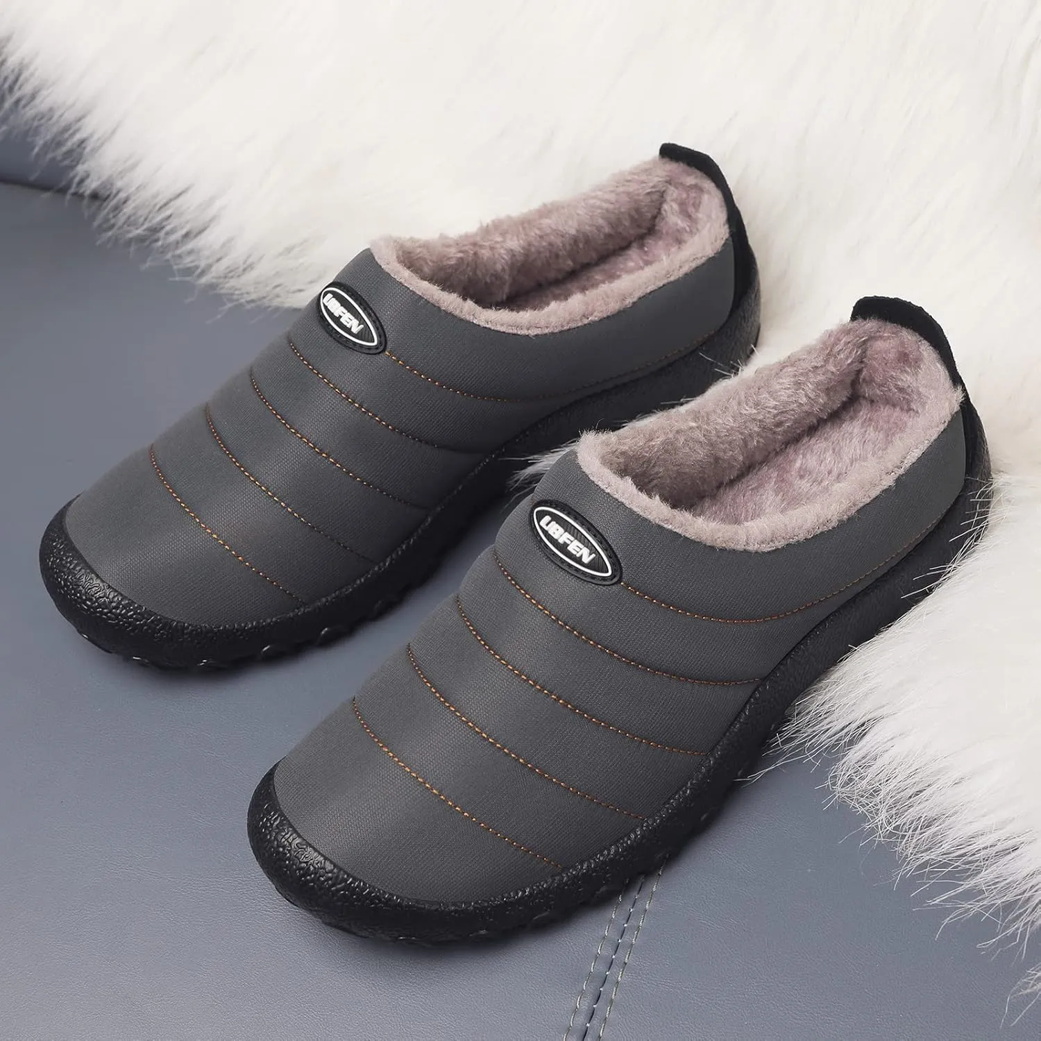 UBFEN Mens Womens Winter Warm Slippers with Fuzzy Plush Lining Slip on House Shoes Indoor Outdoor Anti-Skid Rubber Sole
