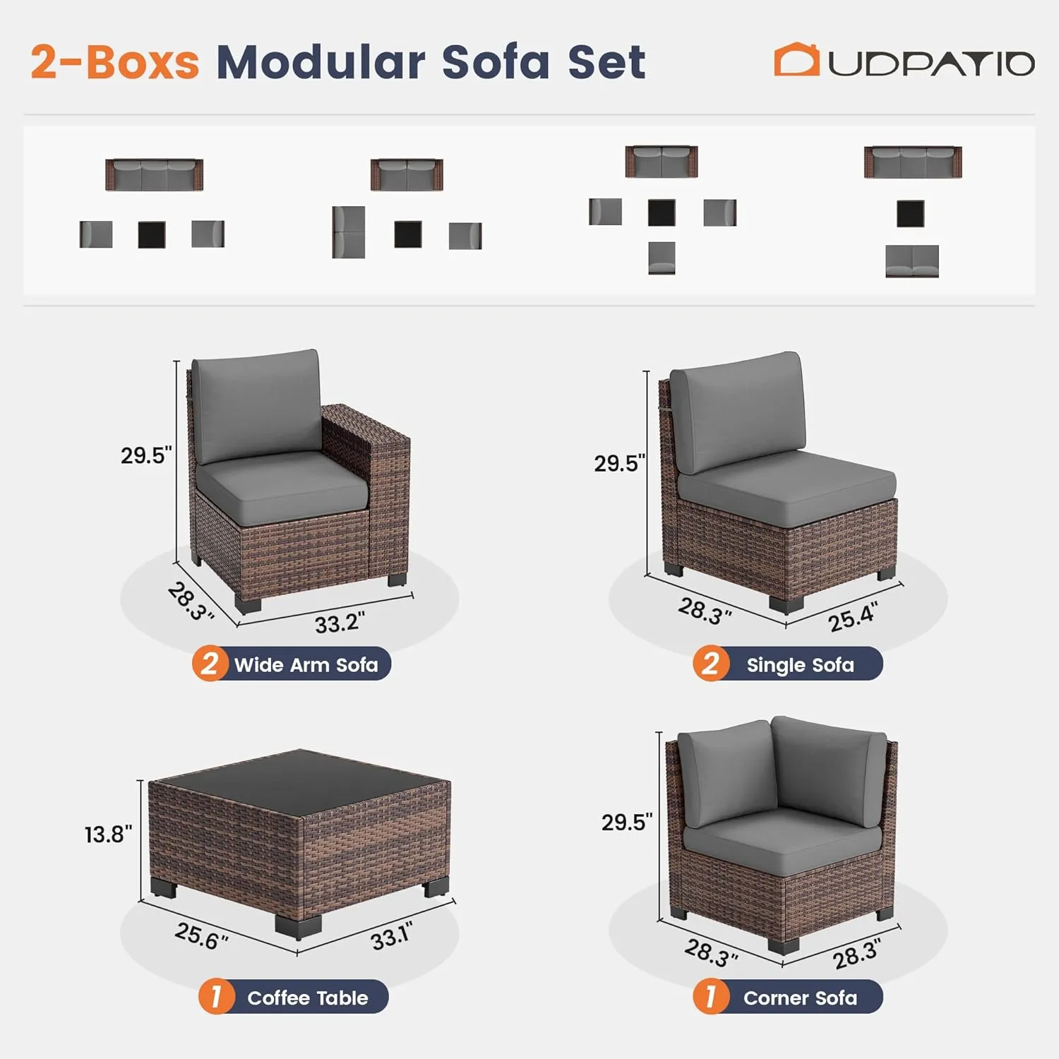 UDPATIO Patio Furniture Set, 8 Inch Armrest Outdoor Sectional Sofa, 6 Piece Wicker Outdoor Furniture Conversation Sets with Waterproof Cover and Coffee Table for Backyard Deck(Brown/Dark Grey)