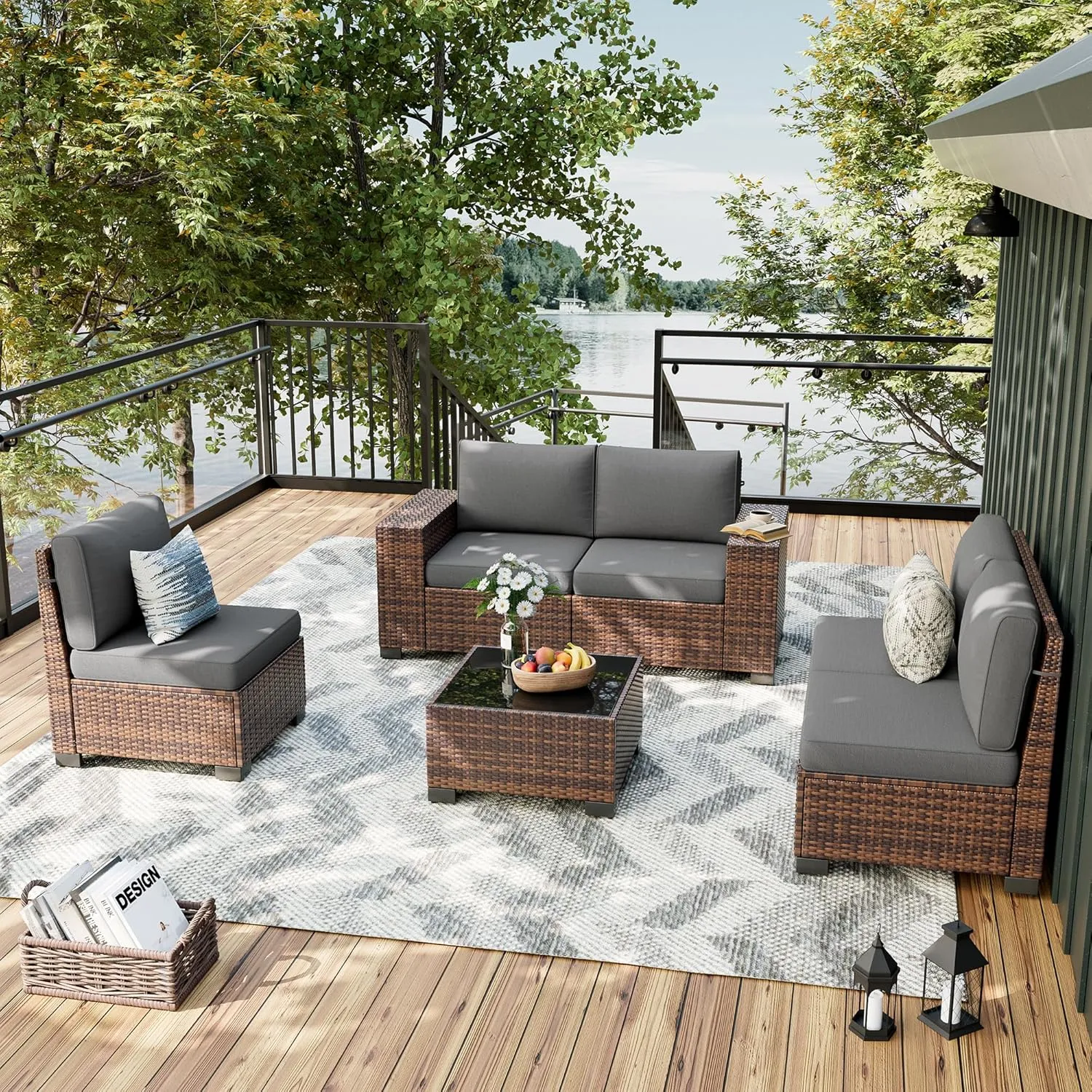 UDPATIO Patio Furniture Set, 8 Inch Armrest Outdoor Sectional Sofa, 6 Piece Wicker Outdoor Furniture Conversation Sets with Waterproof Cover and Coffee Table for Backyard Deck(Brown/Dark Grey)