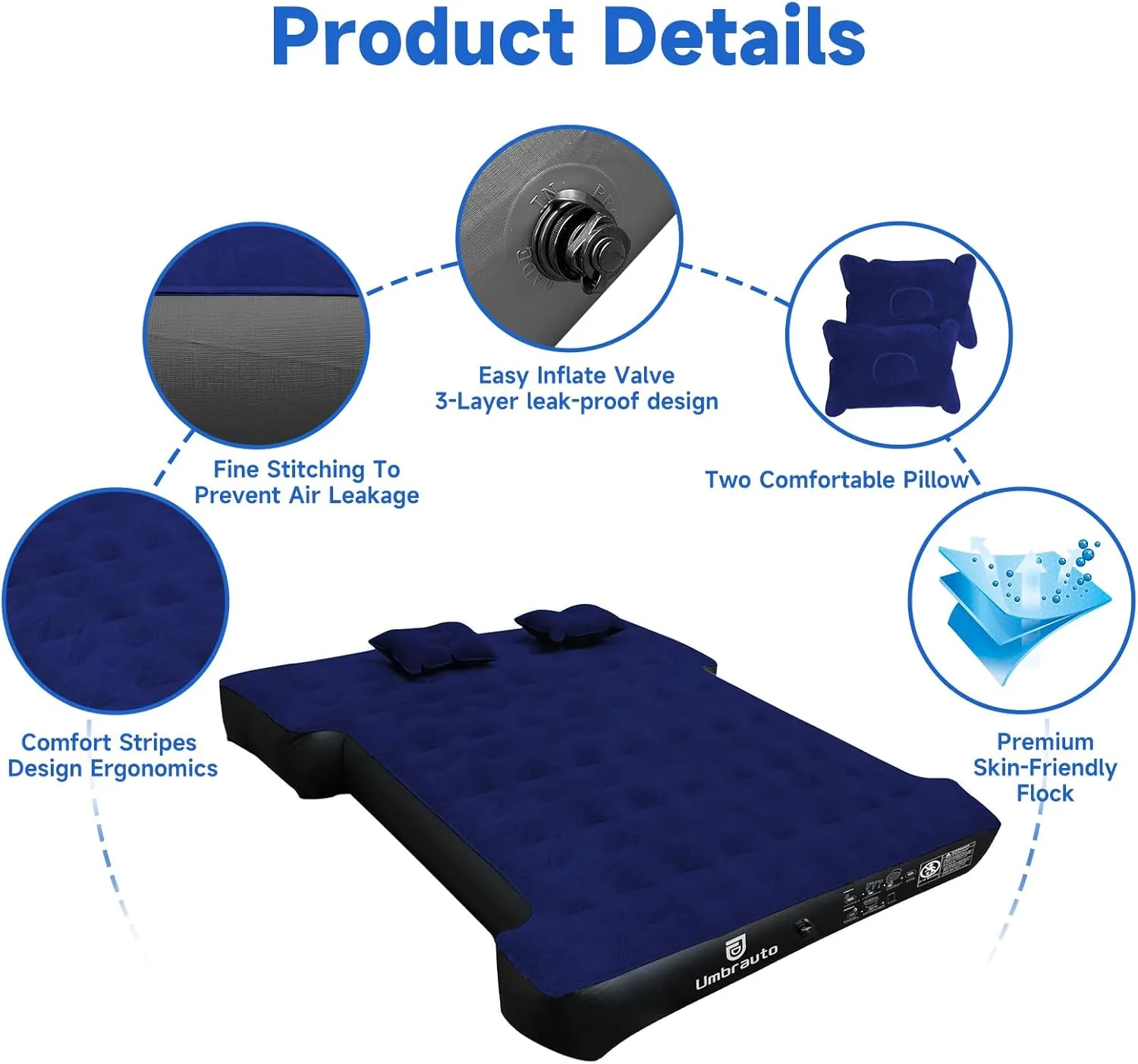 Umbrauto Truck Bed Air Mattress for 5.5'-5.8' Full Size Short Truck Beds, Inflatable Pickup Truck Sleeping Pad for Outdoor Camping with Pump and Pillows, Cruise Navy