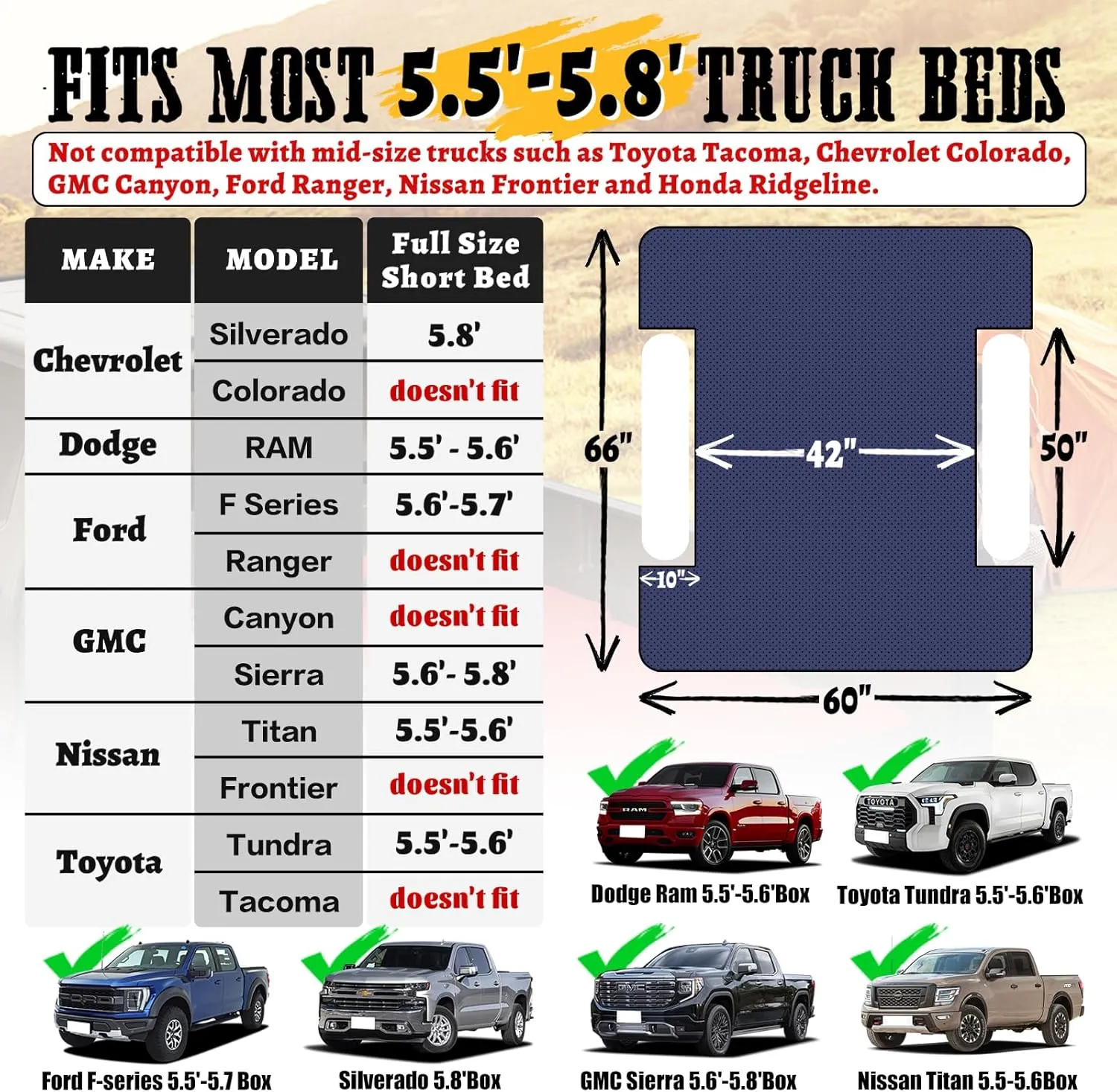 Umbrauto Truck Bed Air Mattress for 5.5'-5.8' Full Size Short Truck Beds, Inflatable Pickup Truck Sleeping Pad for Outdoor Camping with Pump and Pillows, Cruise Navy