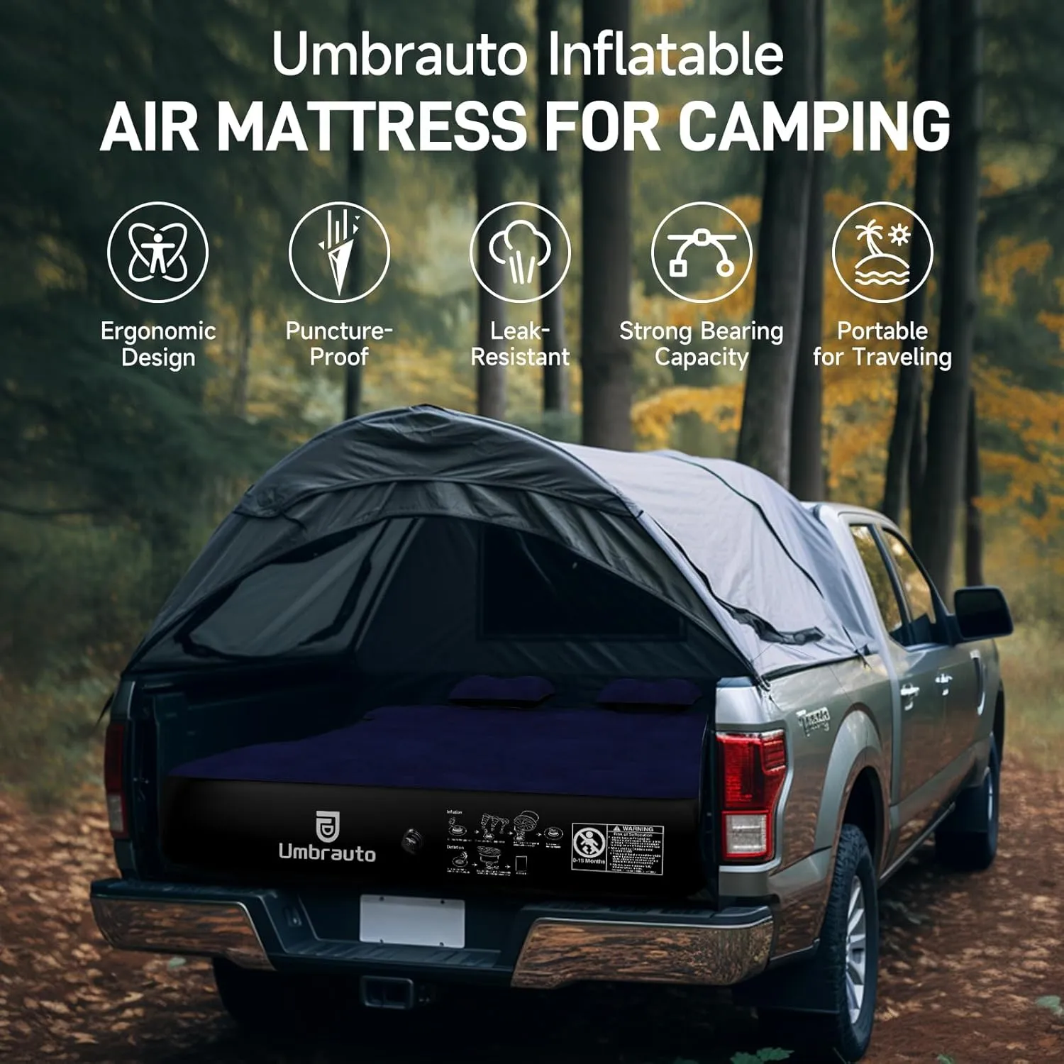Umbrauto Truck Bed Air Mattress for 5.5'-5.8' Full Size Short Truck Beds, Inflatable Pickup Truck Sleeping Pad for Outdoor Camping with Pump and Pillows, Cruise Navy