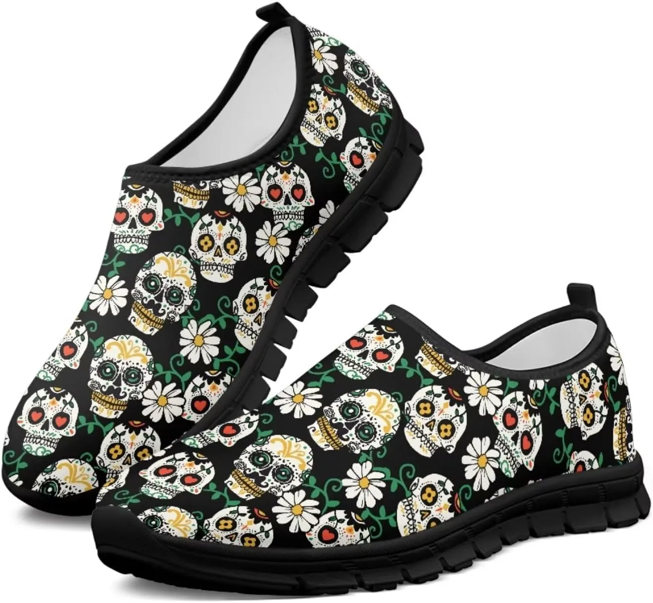 UNICEU Skull Print Slip On Shoes for Women Casual Breathable Low Top Sneakers Non-Slip Lightweight Walking Footwear