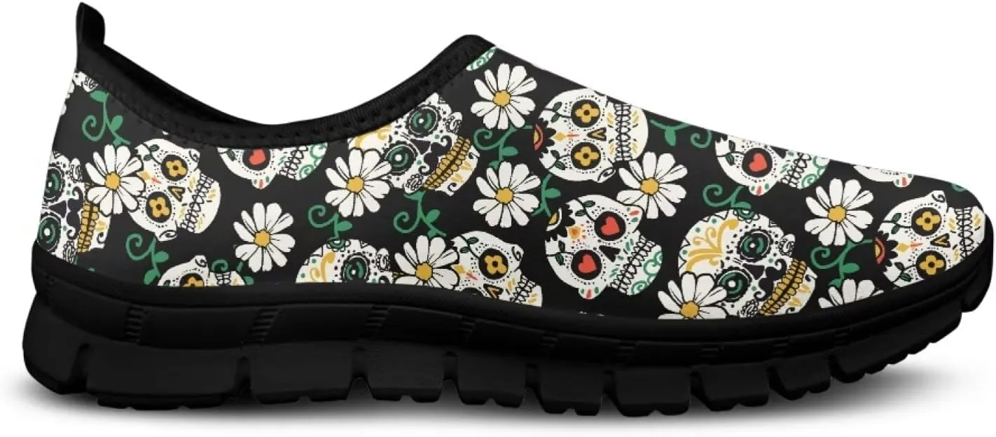 UNICEU Skull Print Slip On Shoes for Women Casual Breathable Low Top Sneakers Non-Slip Lightweight Walking Footwear