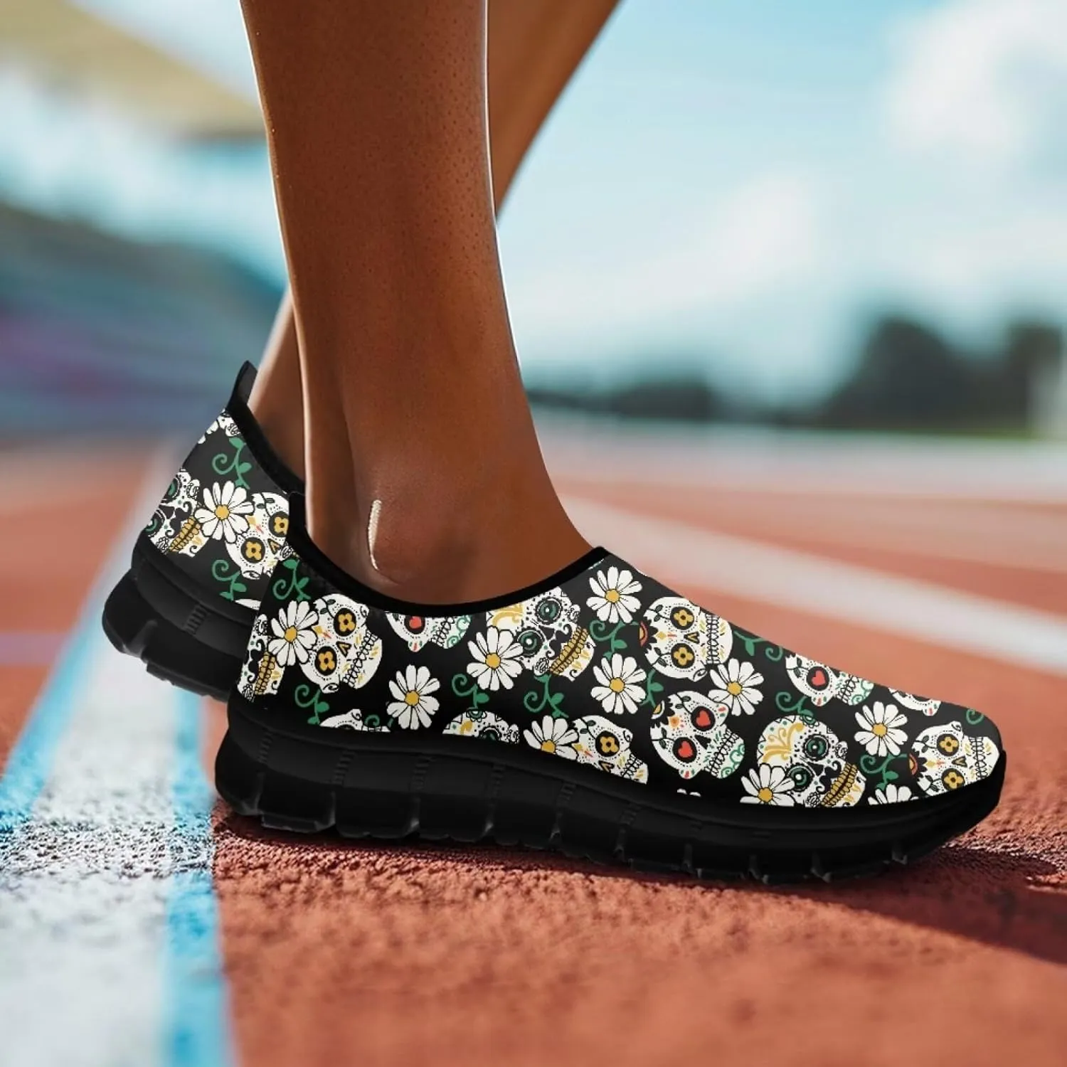 UNICEU Skull Print Slip On Shoes for Women Casual Breathable Low Top Sneakers Non-Slip Lightweight Walking Footwear