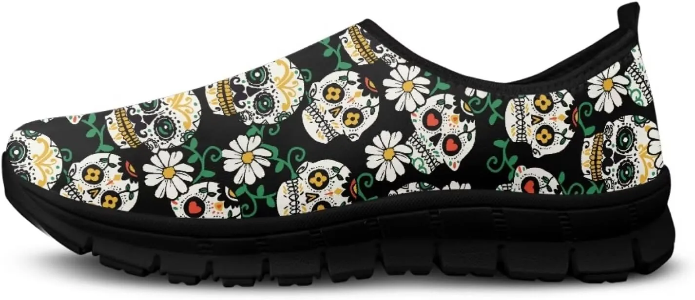 UNICEU Skull Print Slip On Shoes for Women Casual Breathable Low Top Sneakers Non-Slip Lightweight Walking Footwear
