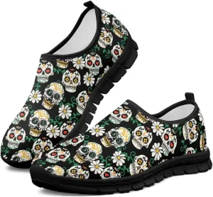 UNICEU Skull Print Slip On Shoes for Women Casual Breathable Low Top Sneakers Non-Slip Lightweight Walking Footwear