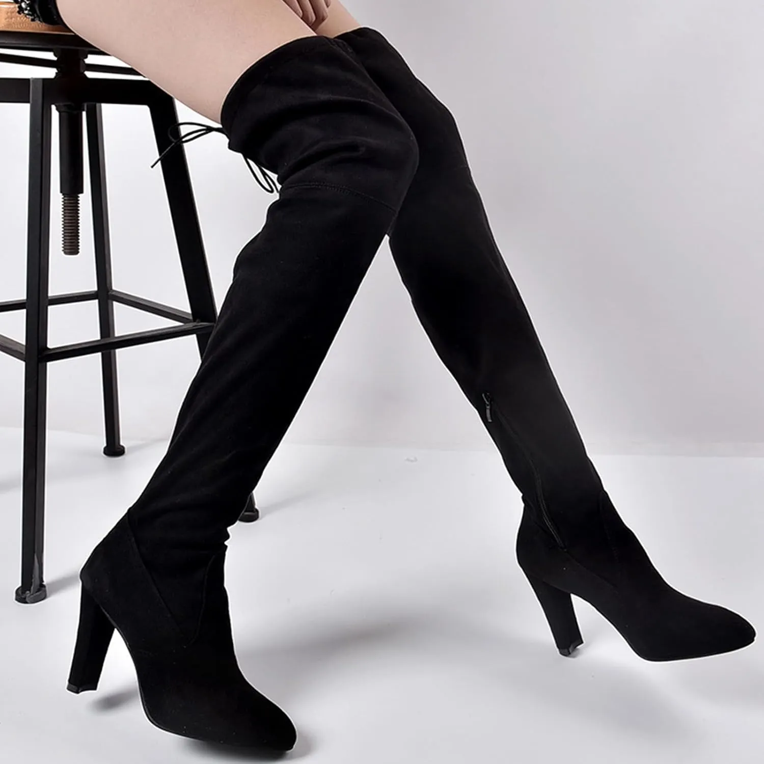 UOQAPRE Women's Over The Knee Thigh Low Chunky Heel Boots,Round-Toe Side Zip Long Boots Platform Chunky Heel Bootie for Women