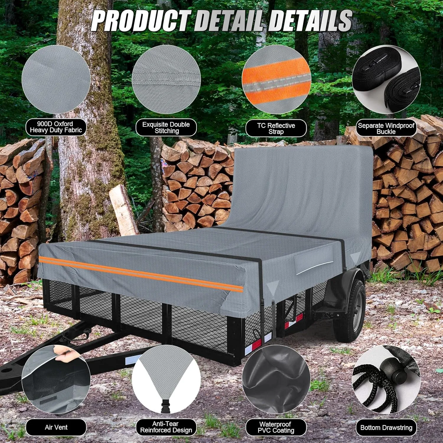 Utility Trailer Cover, 5x8 Trailer Cover with Rear Landscape/Ramp Gate 48” to 60” high, 600D Waterproof Windproof Heavy Duty Black Dump Trailer Cover, Fits 5 x 8 FT (W x L)