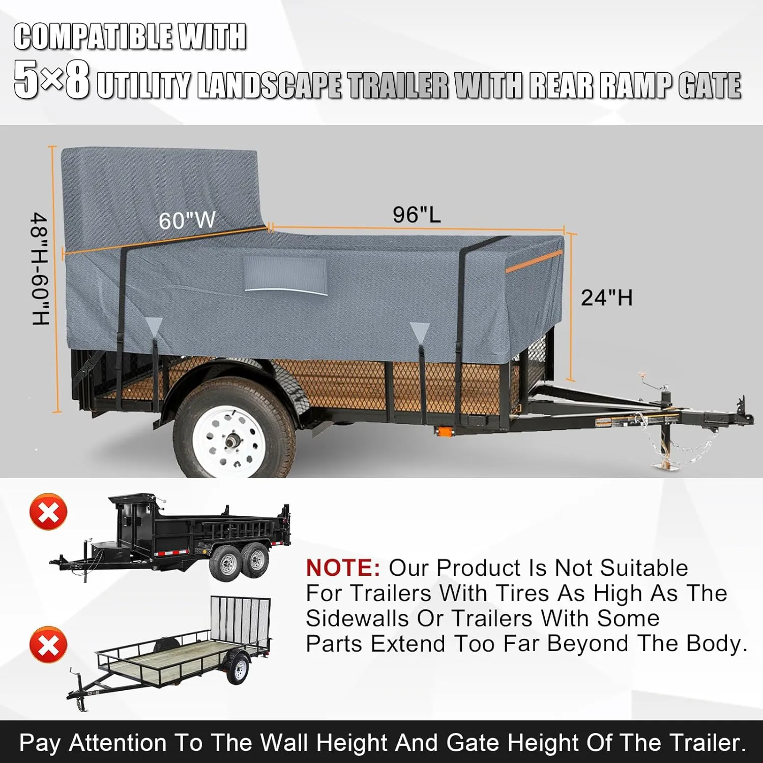 Utility Trailer Cover, 5x8 Trailer Cover with Rear Landscape/Ramp Gate 48” to 60” high, 600D Waterproof Windproof Heavy Duty Black Dump Trailer Cover, Fits 5 x 8 FT (W x L)
