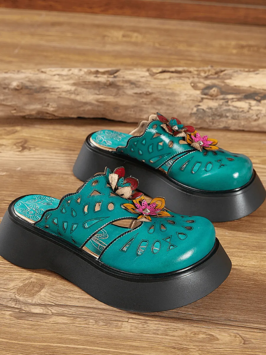 Vicconfy | GEOMETRY PERFORATED TEAL LEATHER MULE