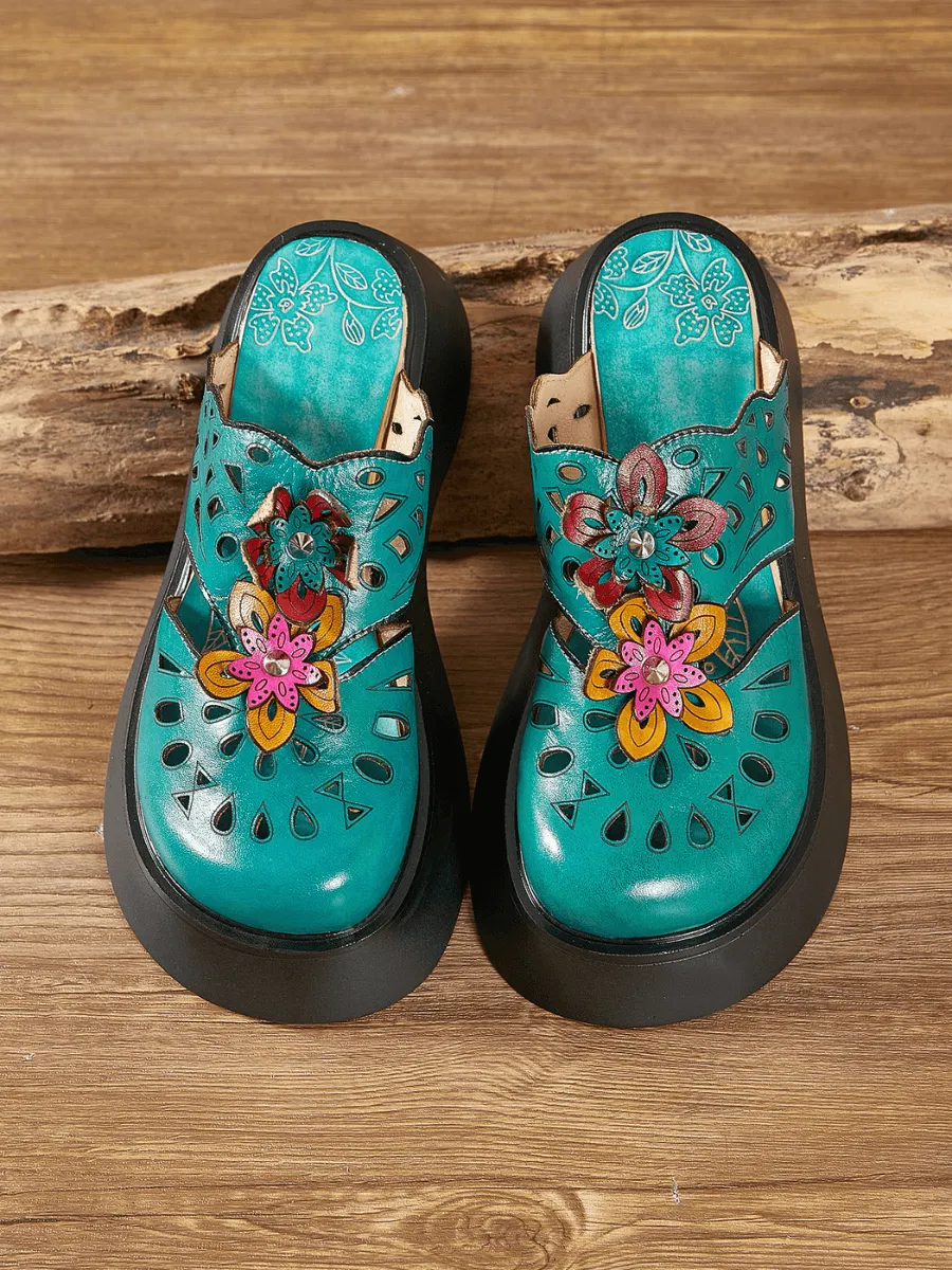 Vicconfy | GEOMETRY PERFORATED TEAL LEATHER MULE