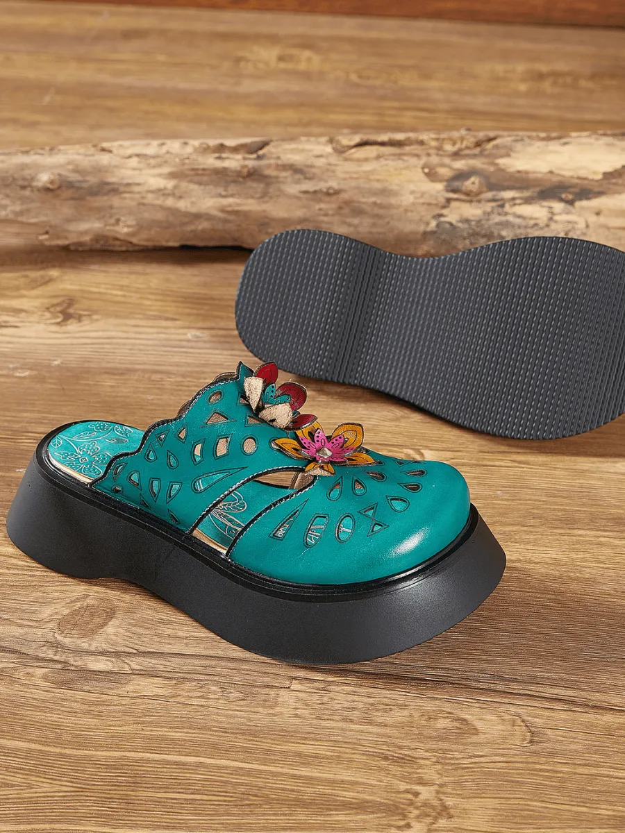 Vicconfy | GEOMETRY PERFORATED TEAL LEATHER MULE
