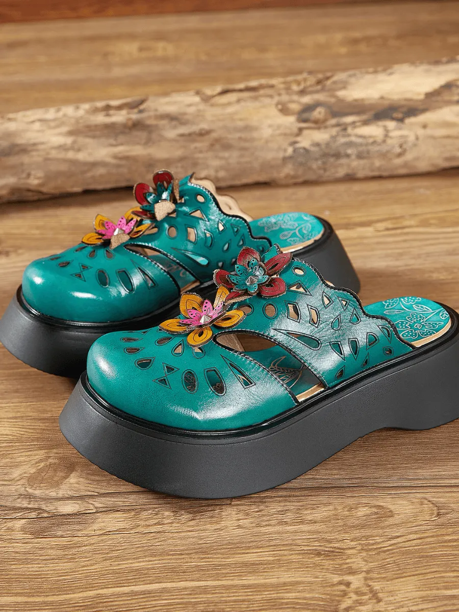 Vicconfy | GEOMETRY PERFORATED TEAL LEATHER MULE