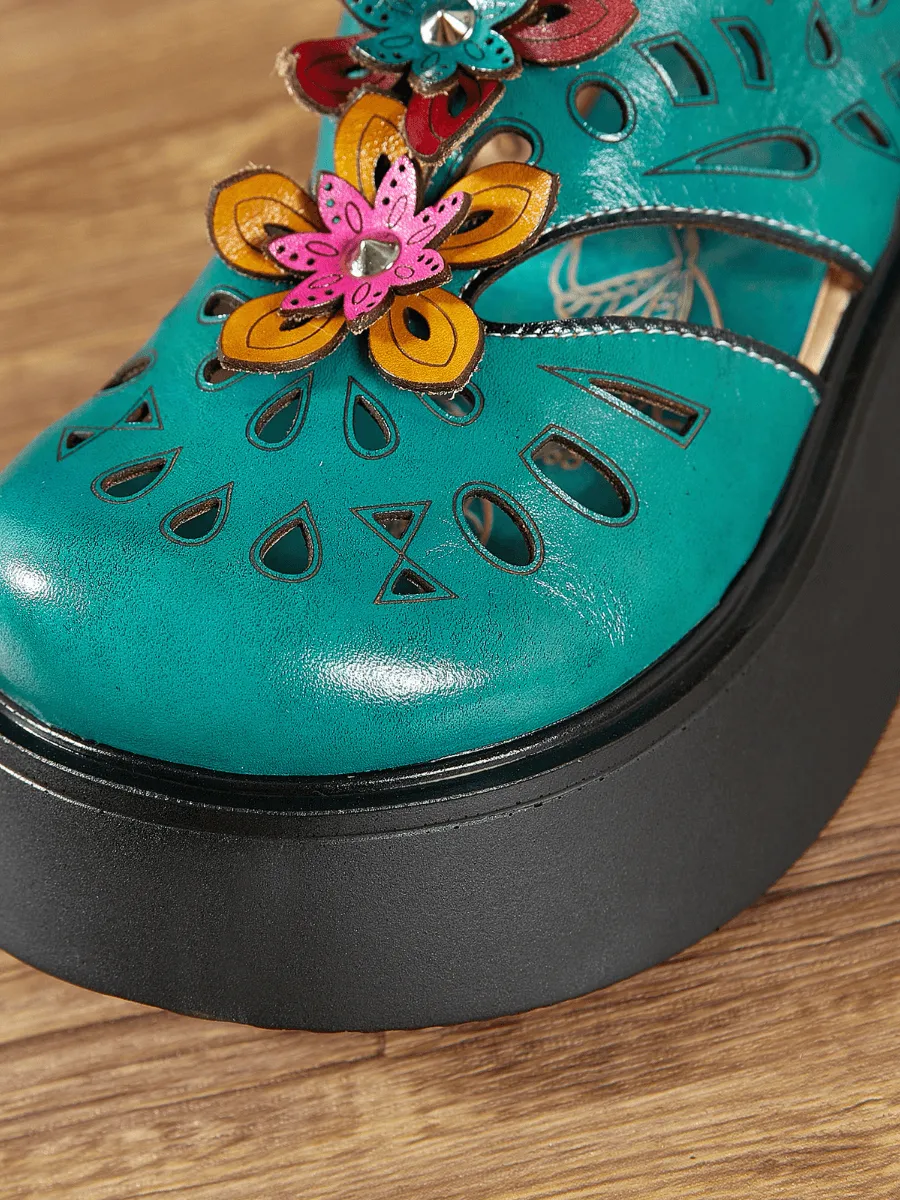 Vicconfy | GEOMETRY PERFORATED TEAL LEATHER MULE