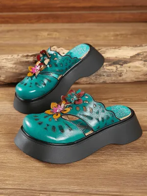 Vicconfy | GEOMETRY PERFORATED TEAL LEATHER MULE