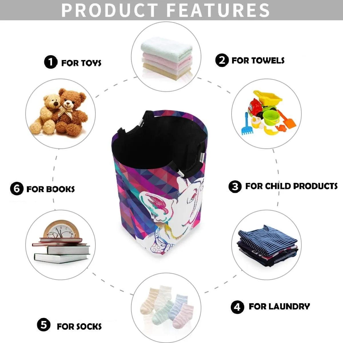 visesunny Collapsible Laundry Basket French Bulldog Snowflake Stripe Animal Large Laundry Hamper with Handle Toys and Clothing Organization for Bathroom, Bedroom, Home, Dorm, Travel